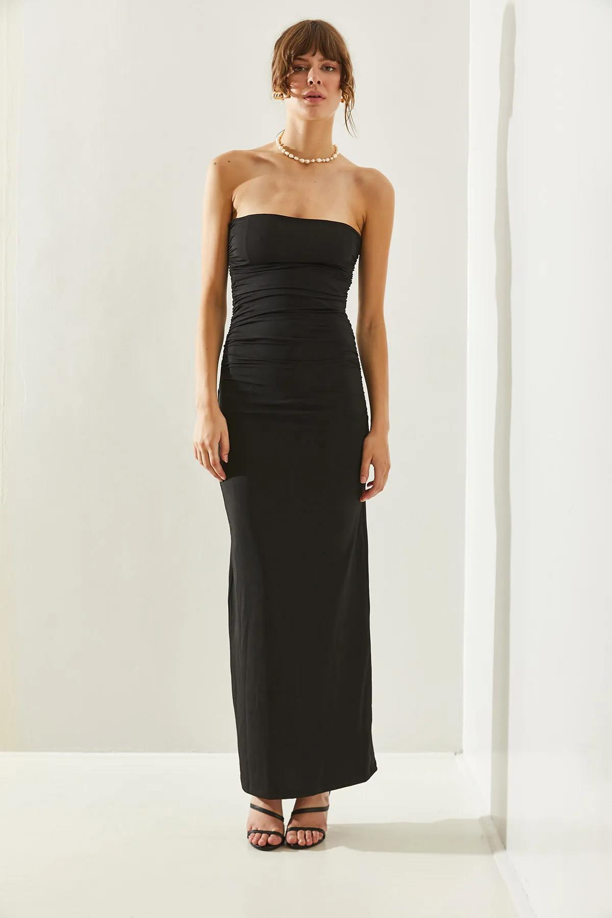 Straplez Yandan Drapeli Fit Maxi Boy Elbise 60261524 - Siyah