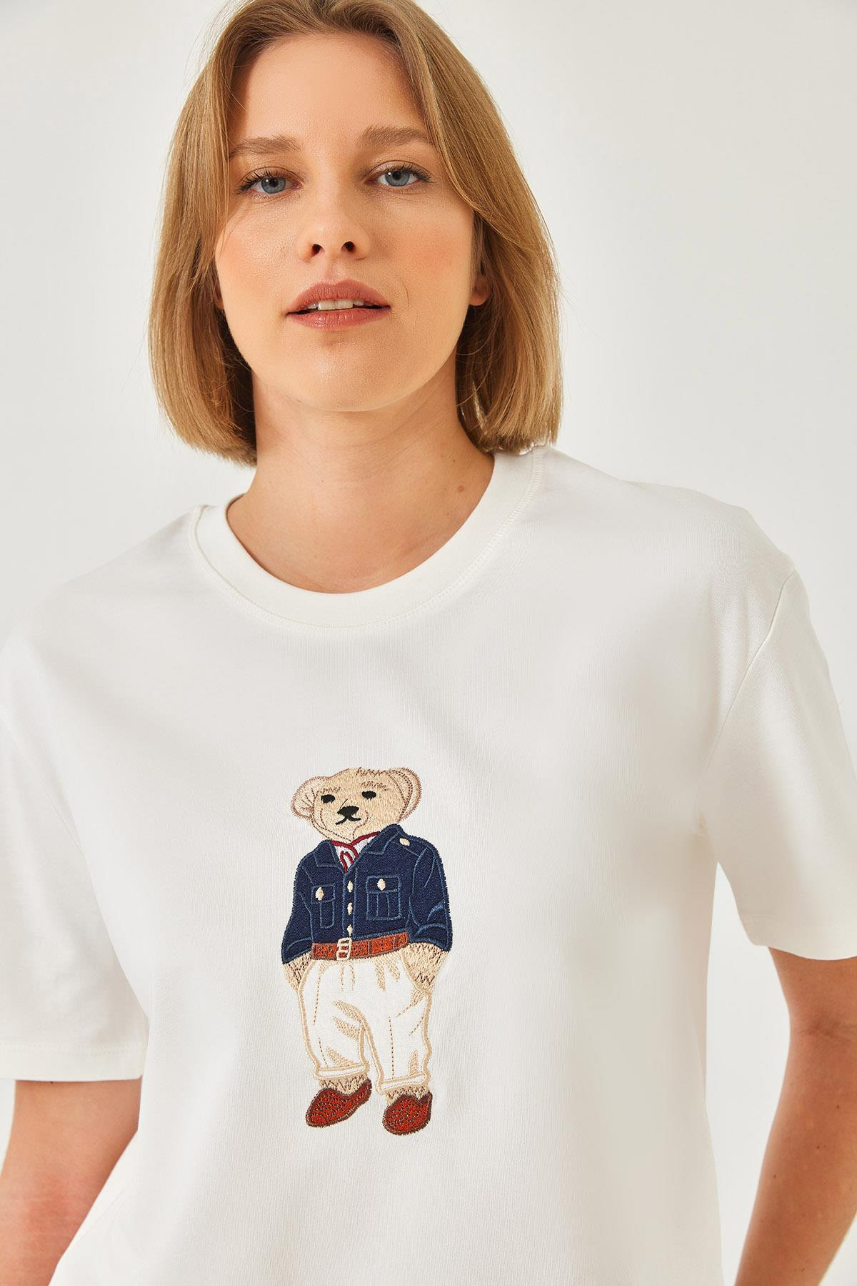 Teddy Desenli Bisiklet Yaka Basic Tshirt 60261344 - Beyaz