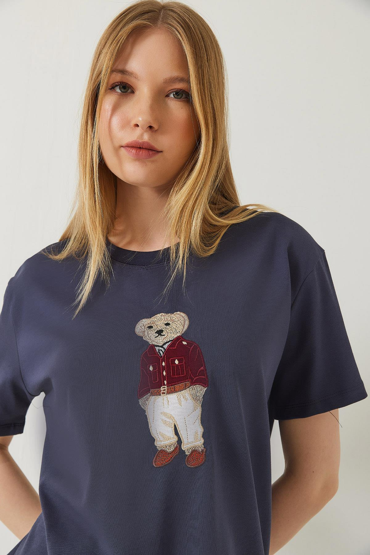 Teddy Desenli Bisiklet Yaka Basic Tshirt 60261344 - Füme