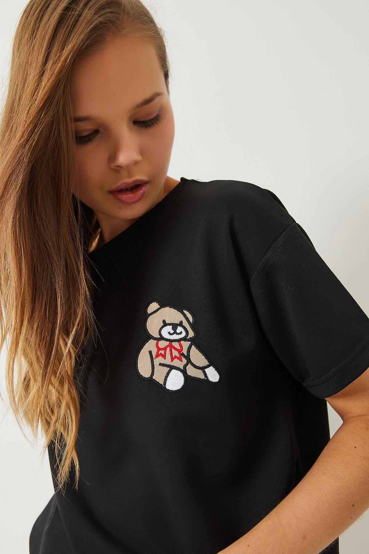 Teddy Nakışlı Salaş Basic T-Shirt 60284019 - Siyah