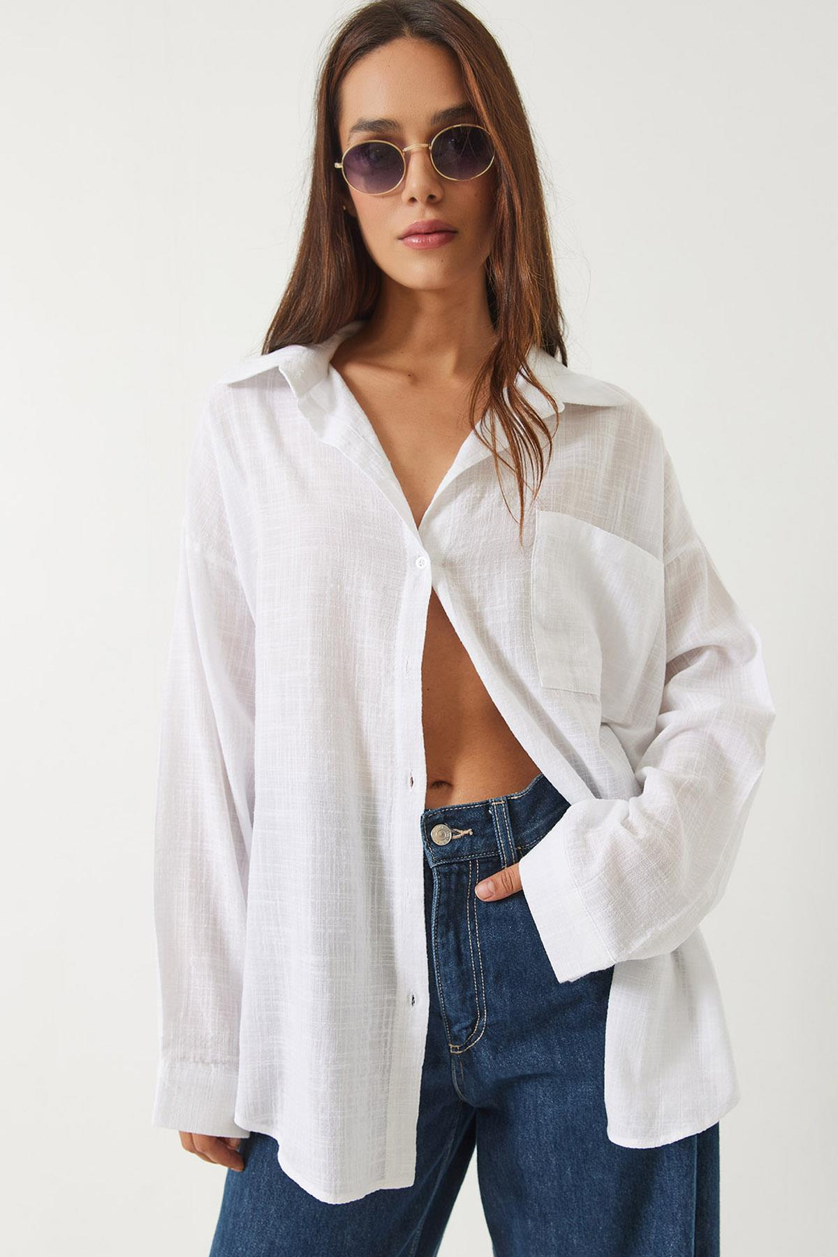 Tek Cepli Pamuk Viskon Oversize Basic Gömlek 4756 60261396 - Beyaz