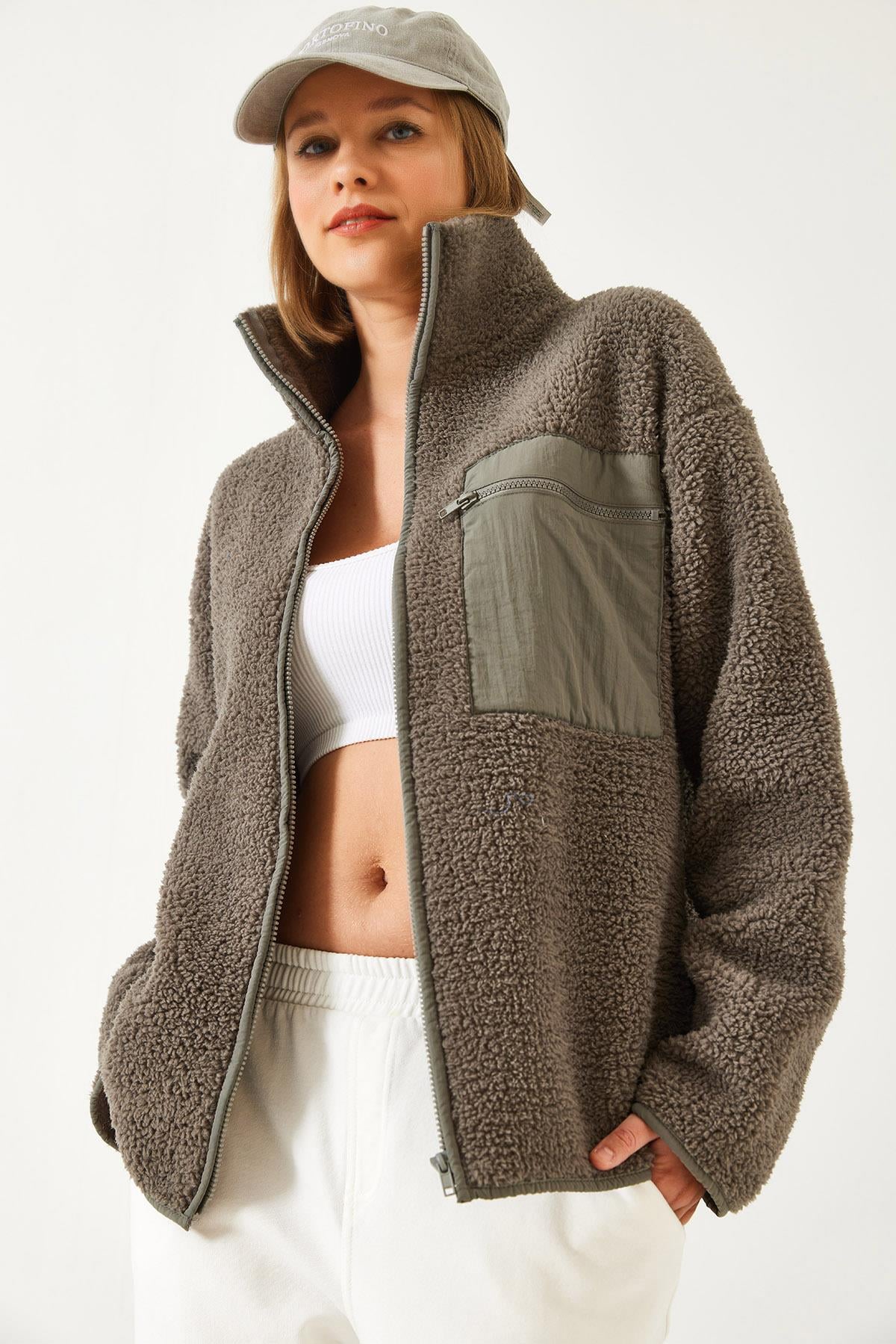 Tek Cepli Peluş Hırka 55446 60261066 - Gri HIRKA modelleri
