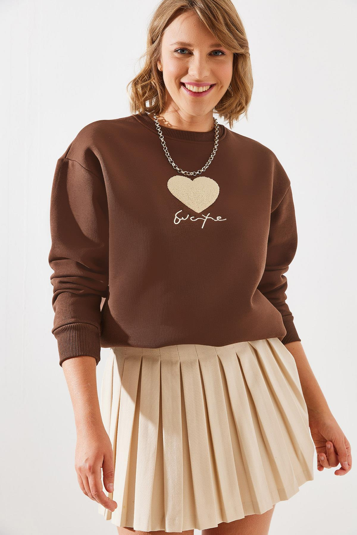 Üç İplik Şardonlu In Love Sweatshirt MBHS008 60601008 - Kahverengi