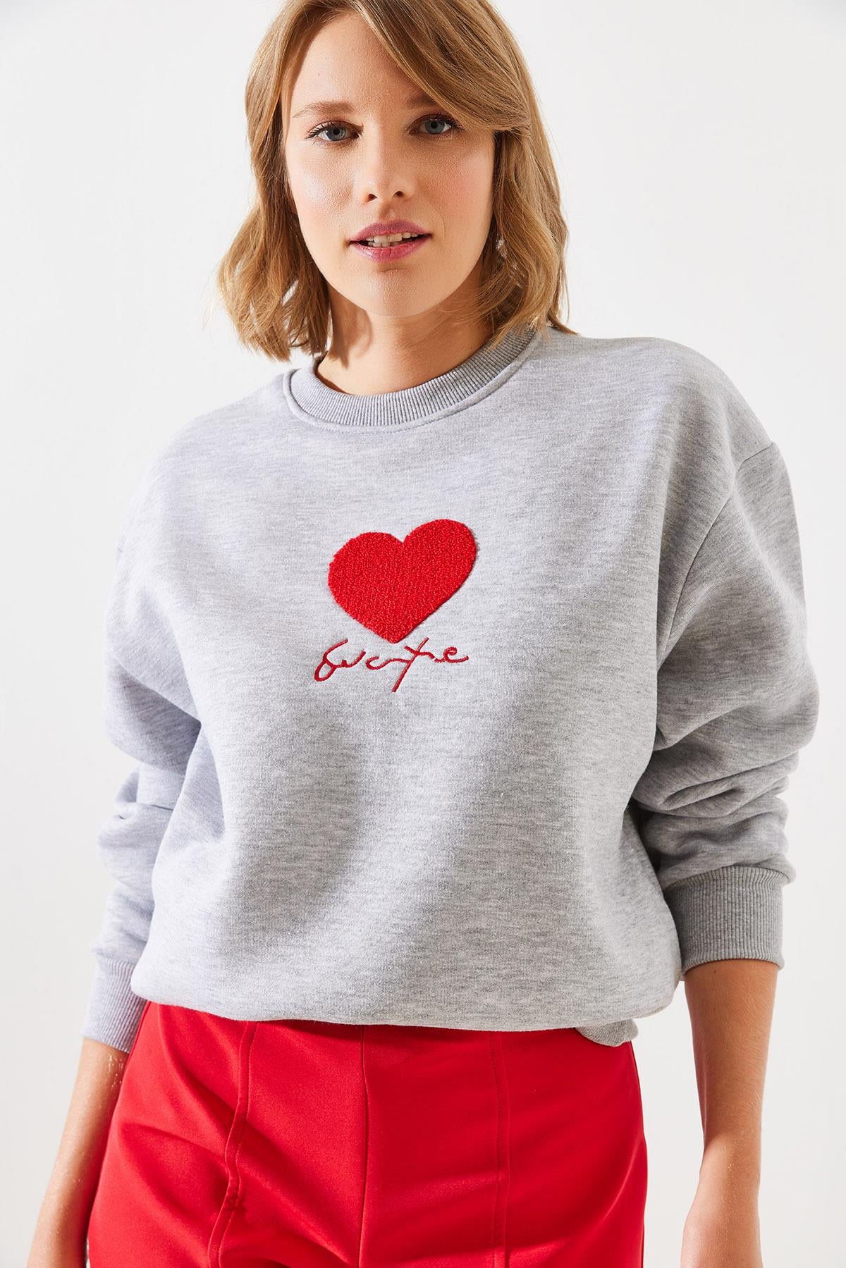 Üç İplik Şardonlu In Love Sweatshirt MBHS008 60601008 - Gri Melanj