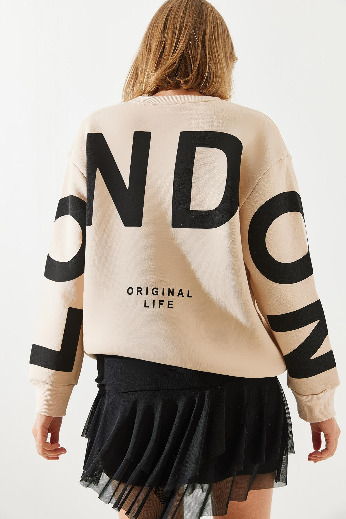 Üç İplik Şardonlu London Baskılı Sweatshirt MBHS003 60601003 - Bej