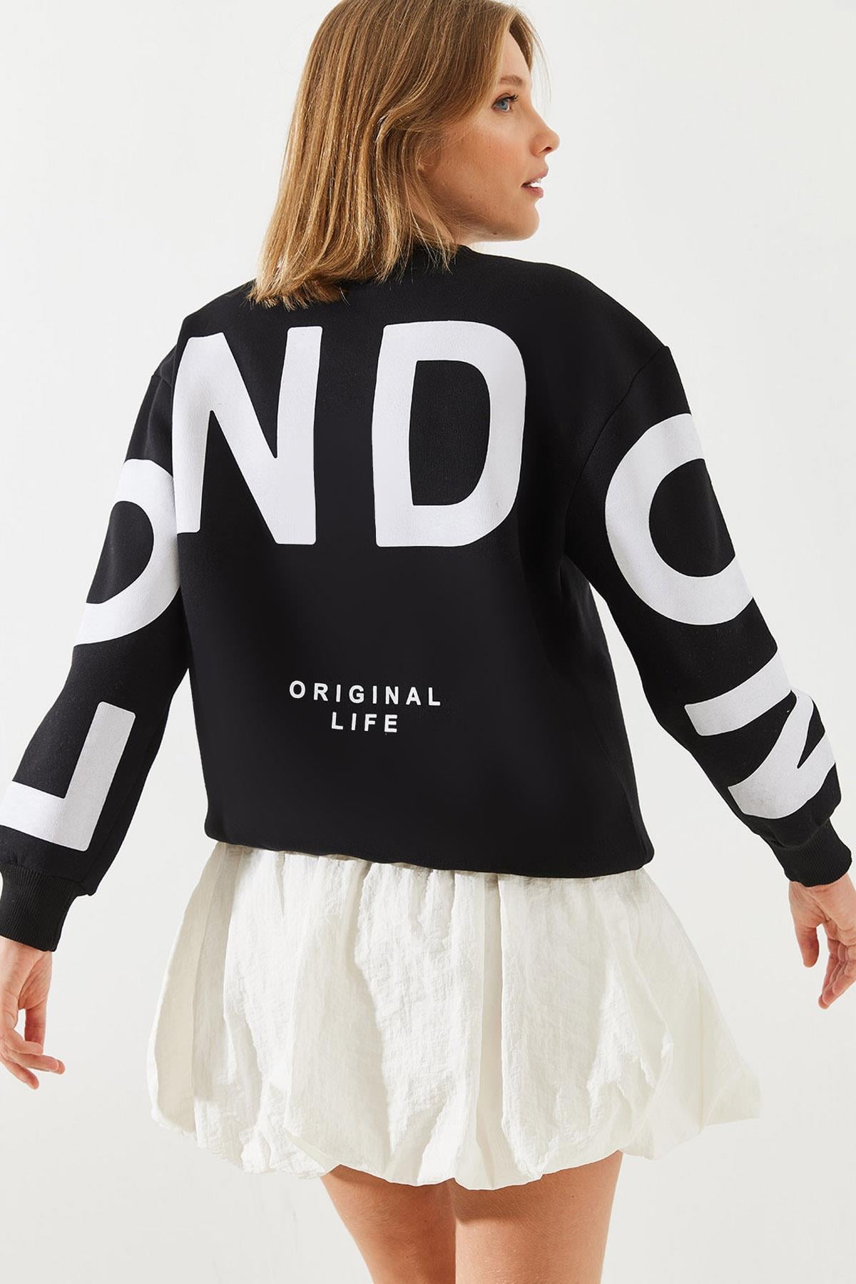 Üç İplik Şardonlu London Baskılı Sweatshirt MBHS003 60601003 - Siyah