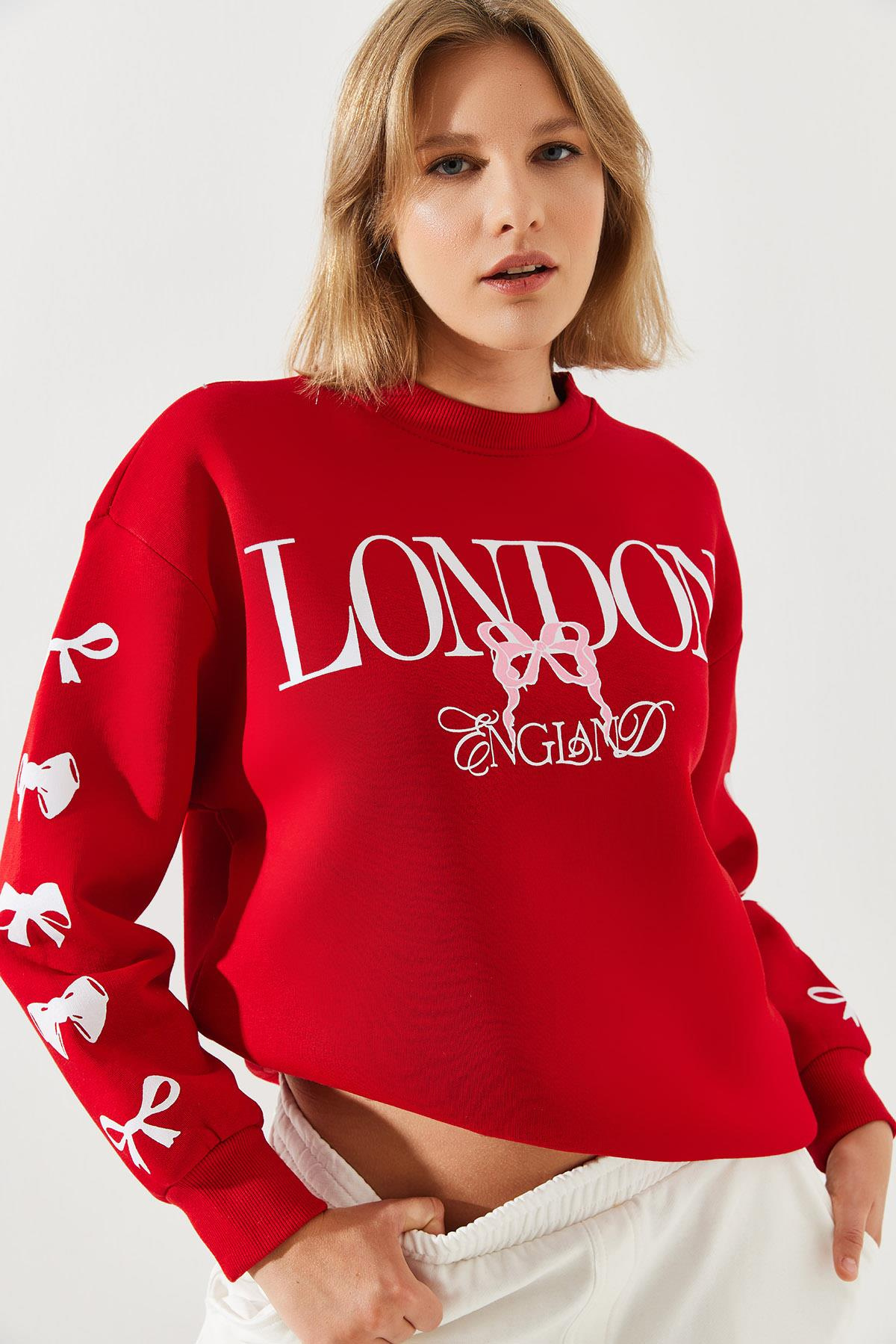 Üç İplik Şardonlu London Life Grafik Baskılı Sweatshirt MBHS004 60601004 - Kırmızı