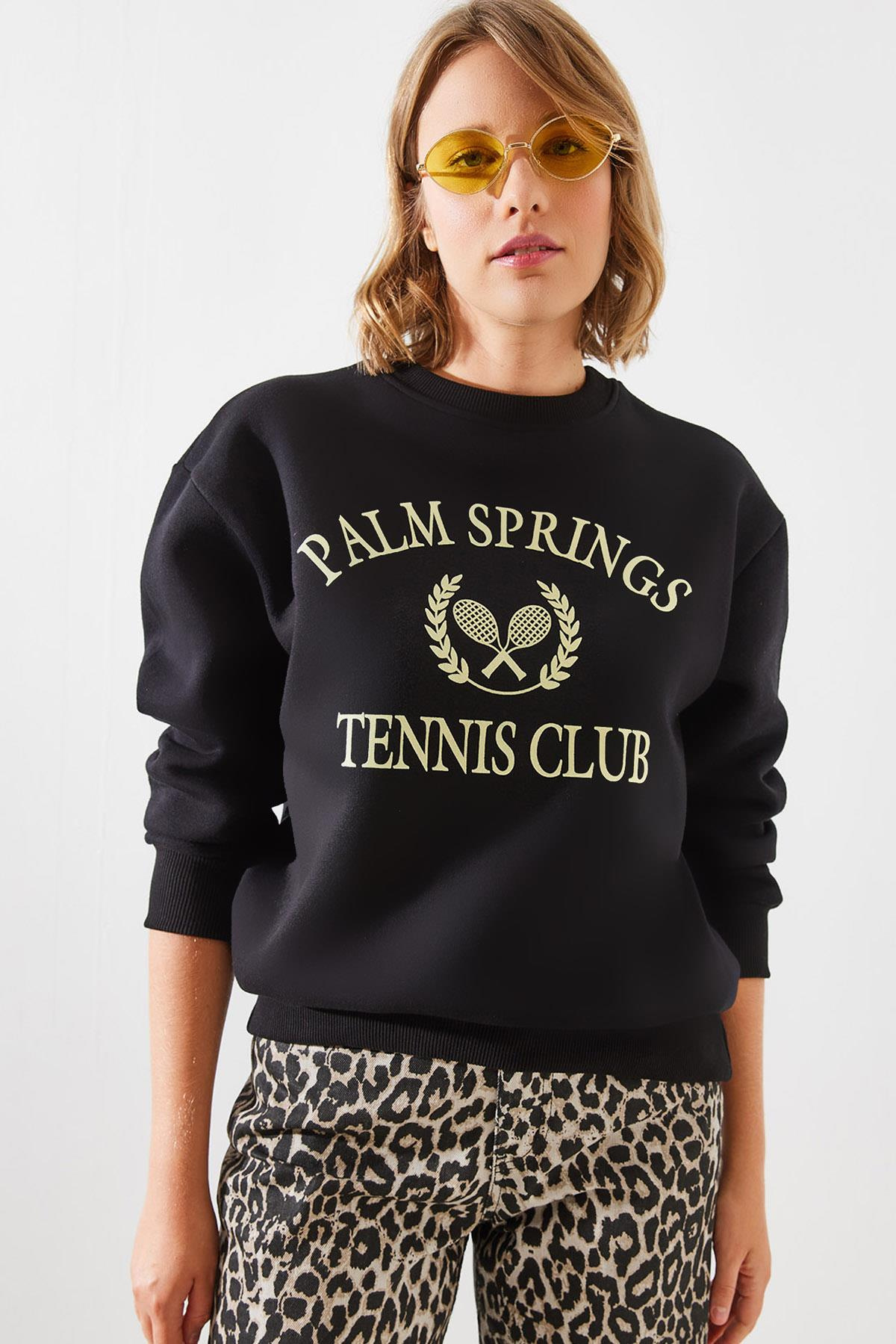 Üç İplik Şardonlu Palm Springs Tenis Vintage Kolej Sweatshirt MBHS002 60601002 - Siyah