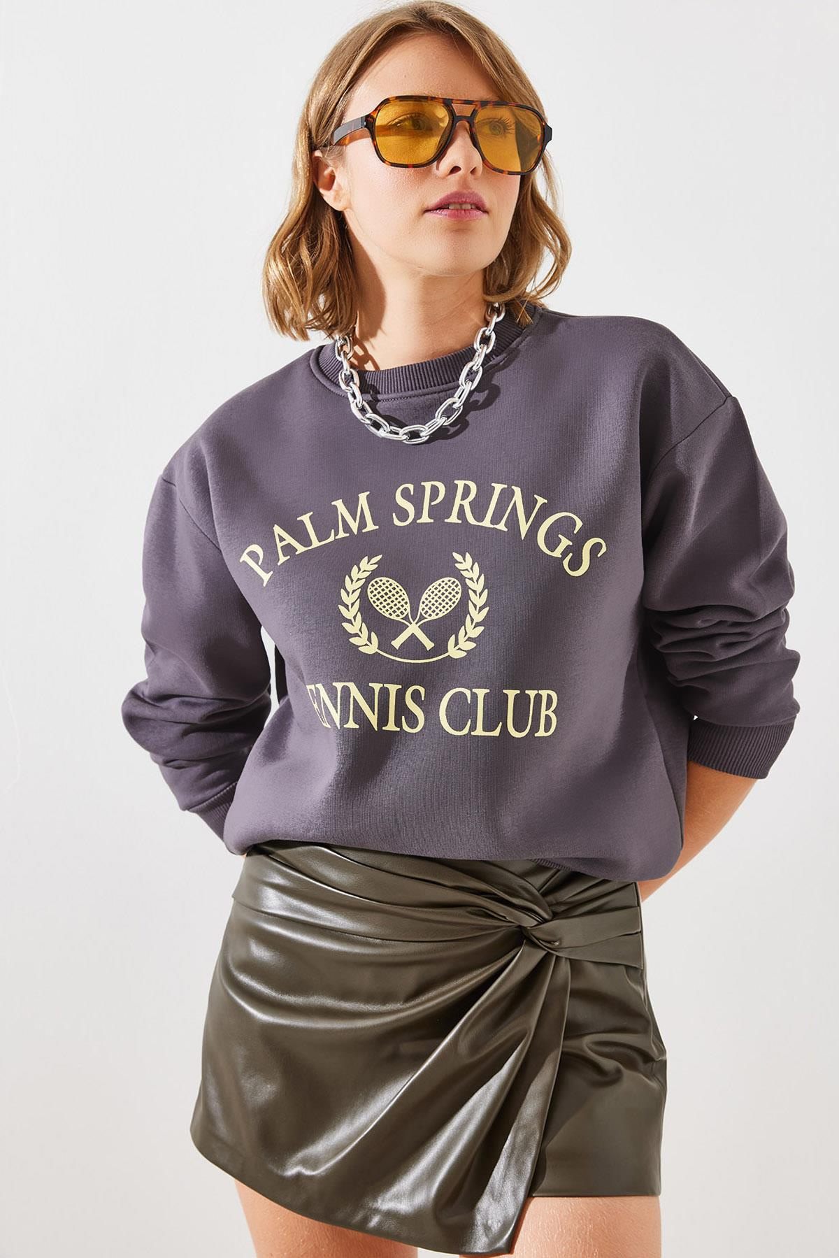 Üç İplik Şardonlu Palm Springs Tenis Vintage Kolej Sweatshirt MBHS002 60601002 - Füme