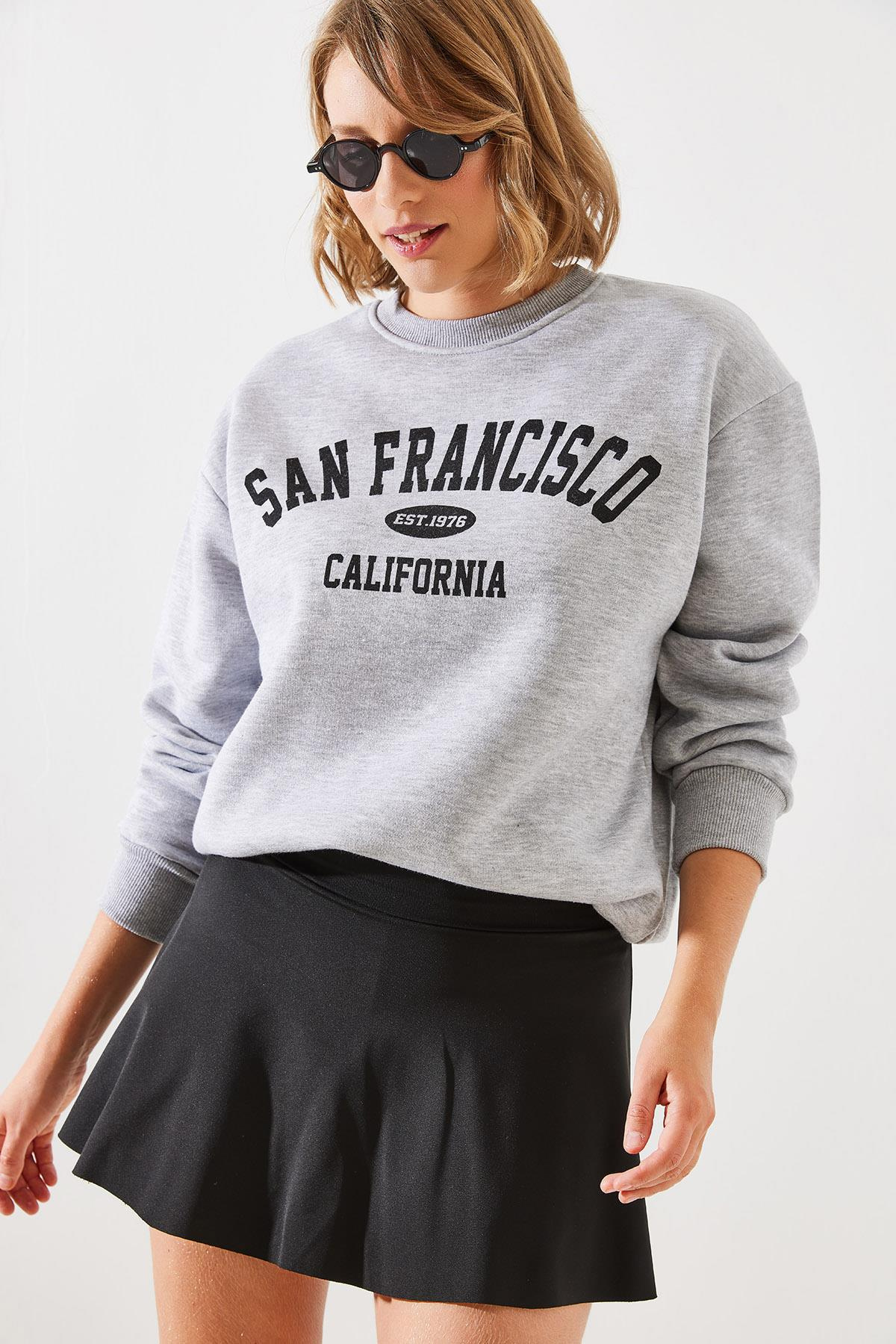 Üç İplik Şardonlu San Francisco Baskılı Sweatshirt MBHS006 60601006 - Gri Melanj