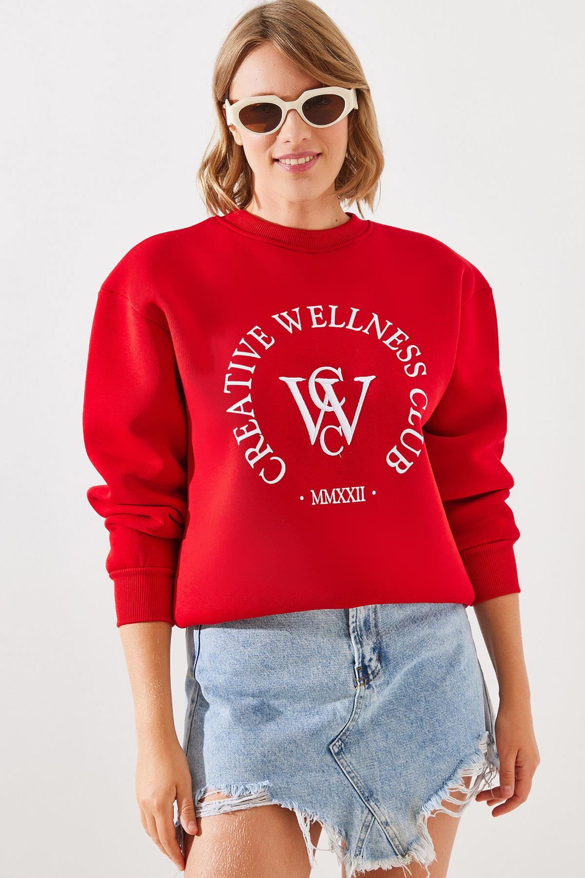 Üç İplik Şardonlu Yazılı Sweatshirt MBHS010 60601010 - Kırmızı