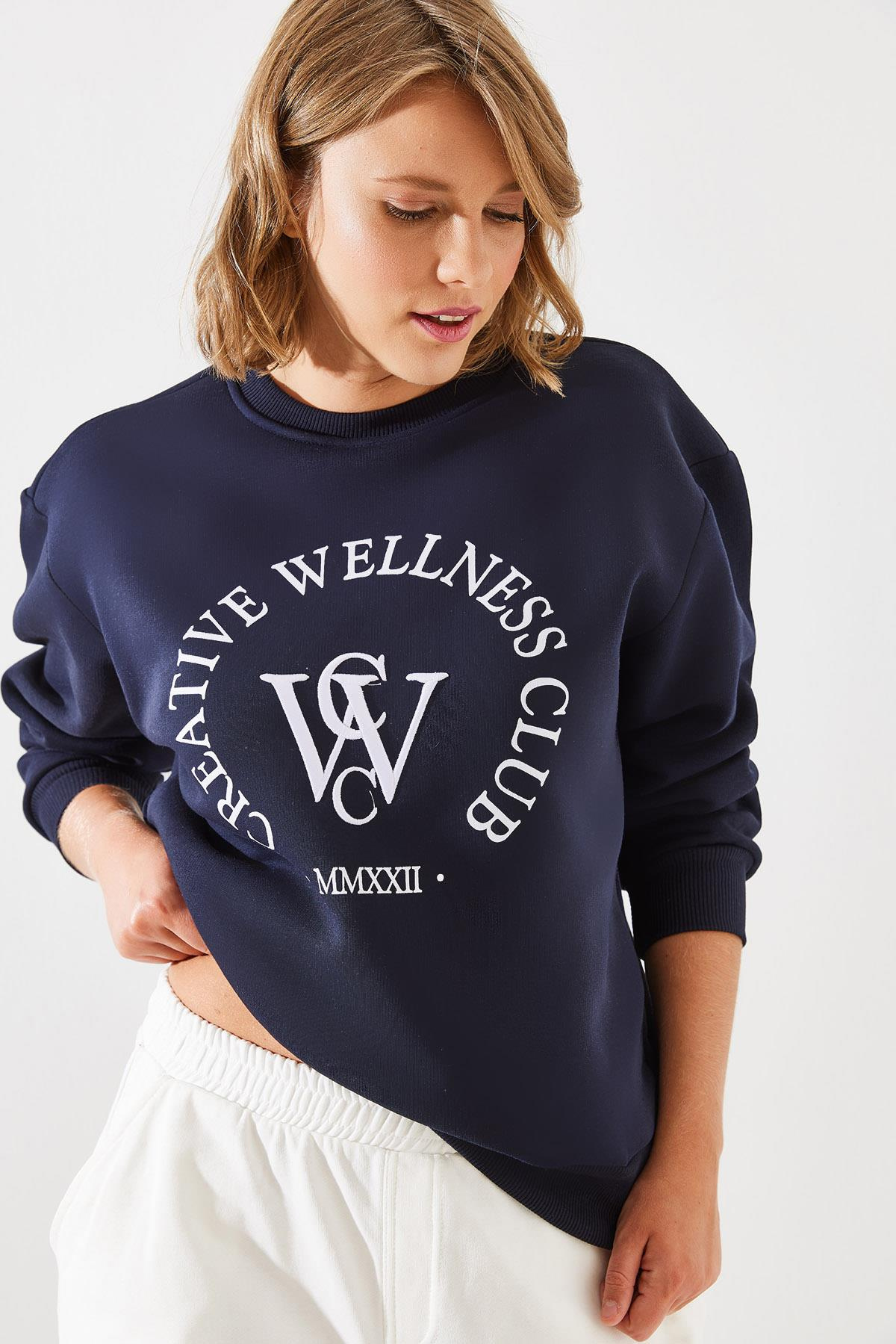 Üç İplik Şardonlu Yazılı Sweatshirt MBHS010 60601010 - Lacivert