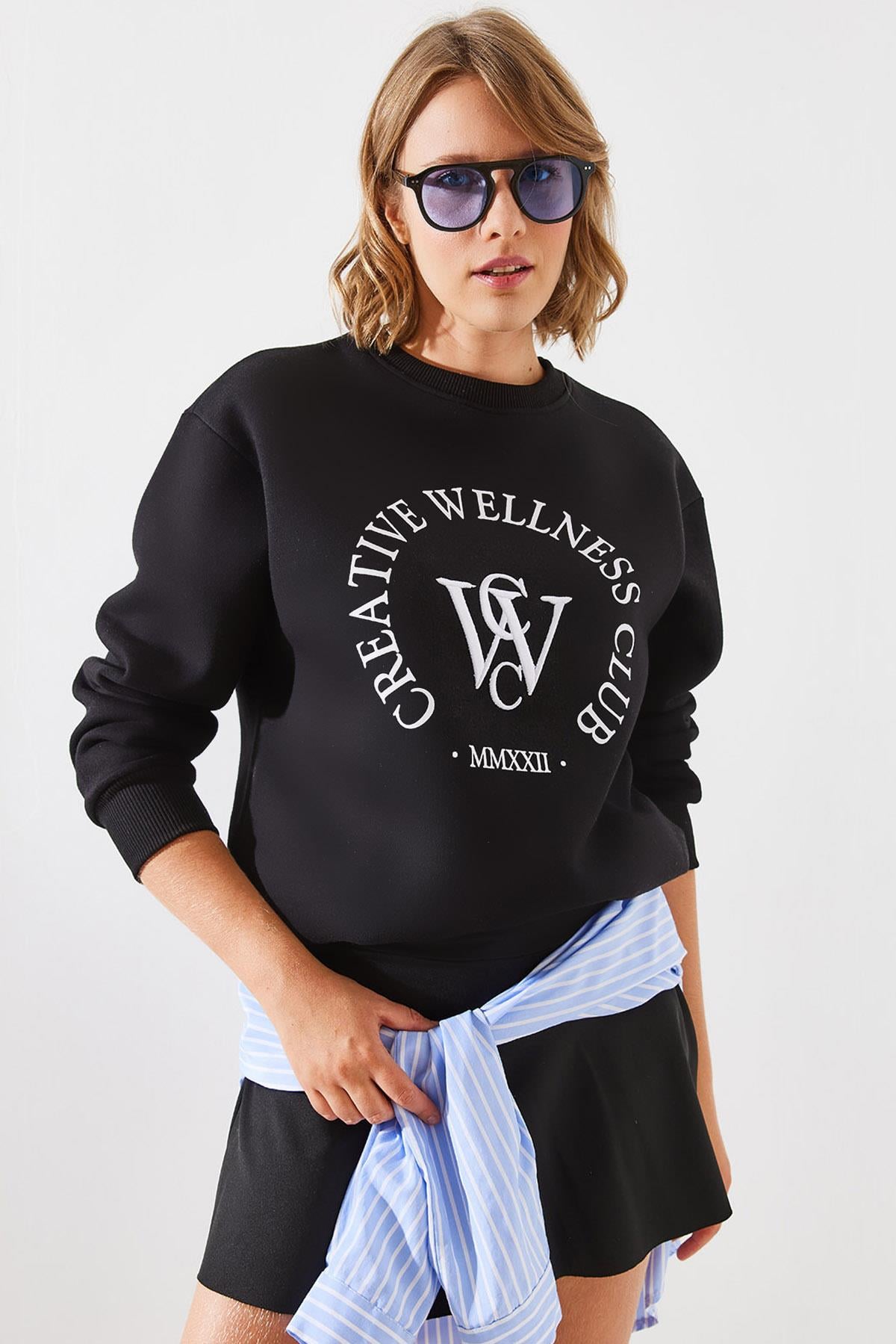 Üç İplik Şardonlu Yazılı Sweatshirt MBHS010 60601010 - Siyah