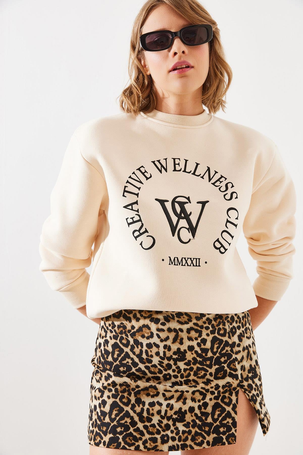 Üç İplik Şardonlu Yazılı Sweatshirt MBHS010 60601010 - Bej