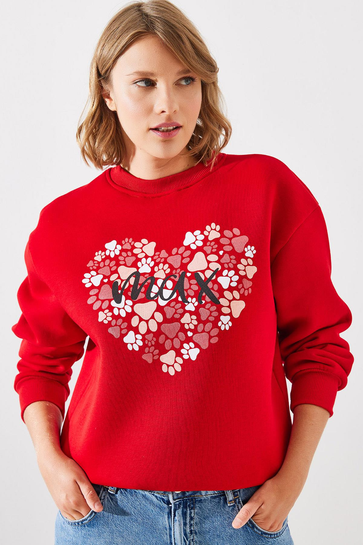 Üç İplik Şardonlu Yuvarlak Yaka Pati Baskılı Sweatshirt MBHS005 60601005 - Kırmızı