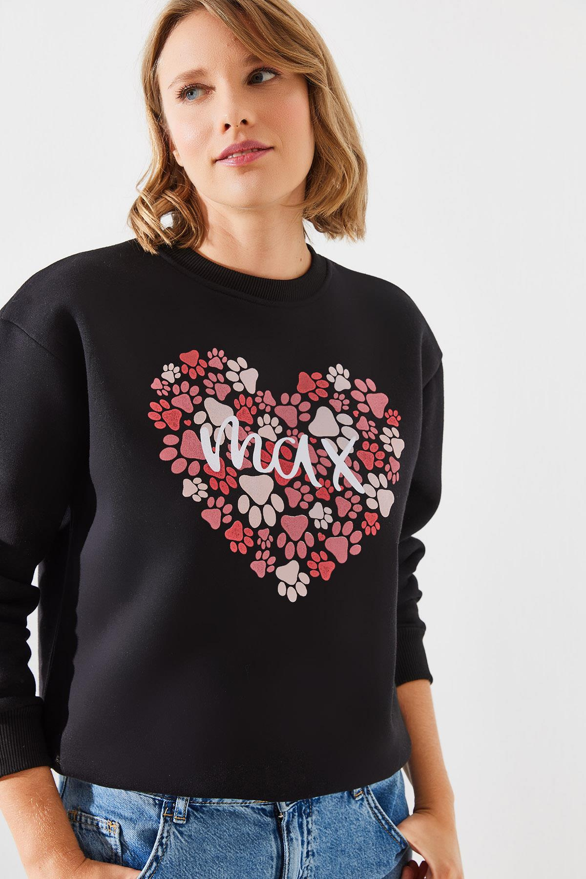 Üç İplik Şardonlu Yuvarlak Yaka Pati Baskılı Sweatshirt MBHS005 60601005 - Siyah