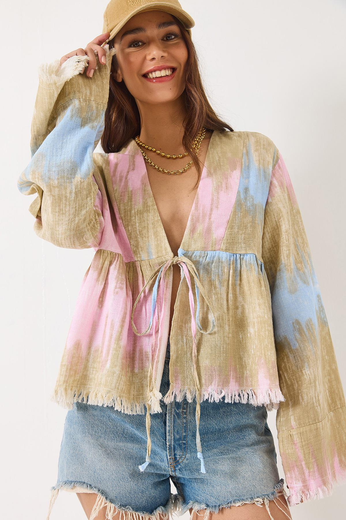 V Yaka Renk Desenli Bağlama Detaylı Yumoş Müslin Kimono 7013 60283139 - Bej-Pudra