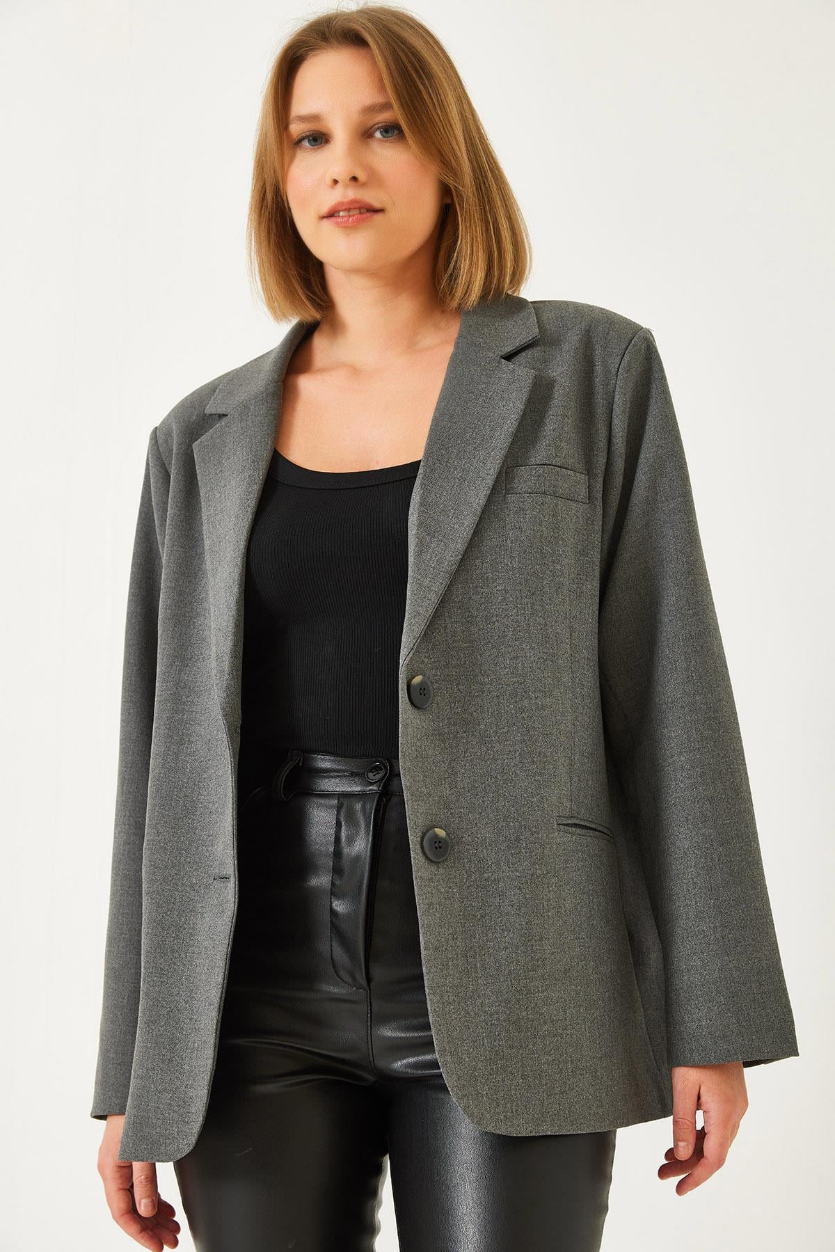 Vatkalı Çift Cepli Astarlı Blazer Ceket 3338 60261198 - Antrasit CEKET modelleri