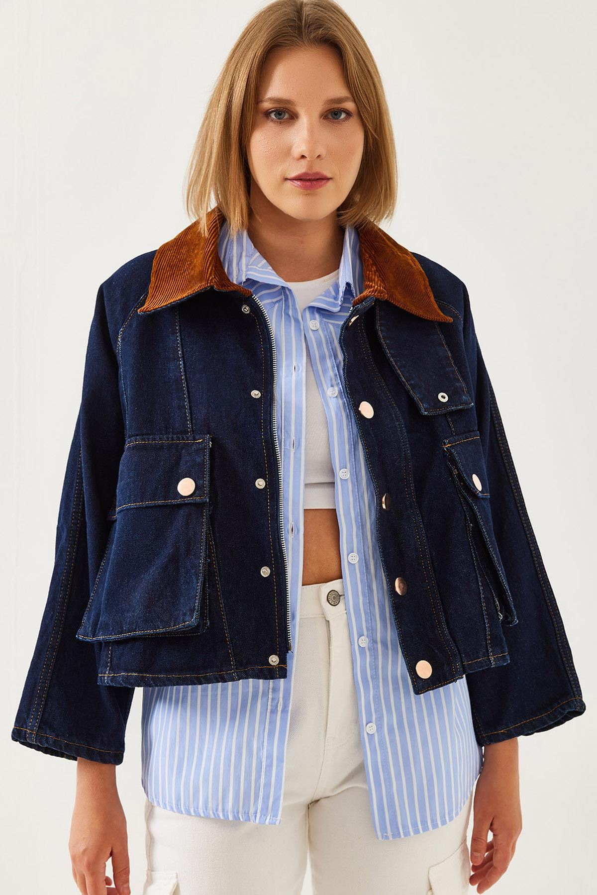 Yakası Kadife Detaylı Denim Ceket 6051 60351228 - İndigo