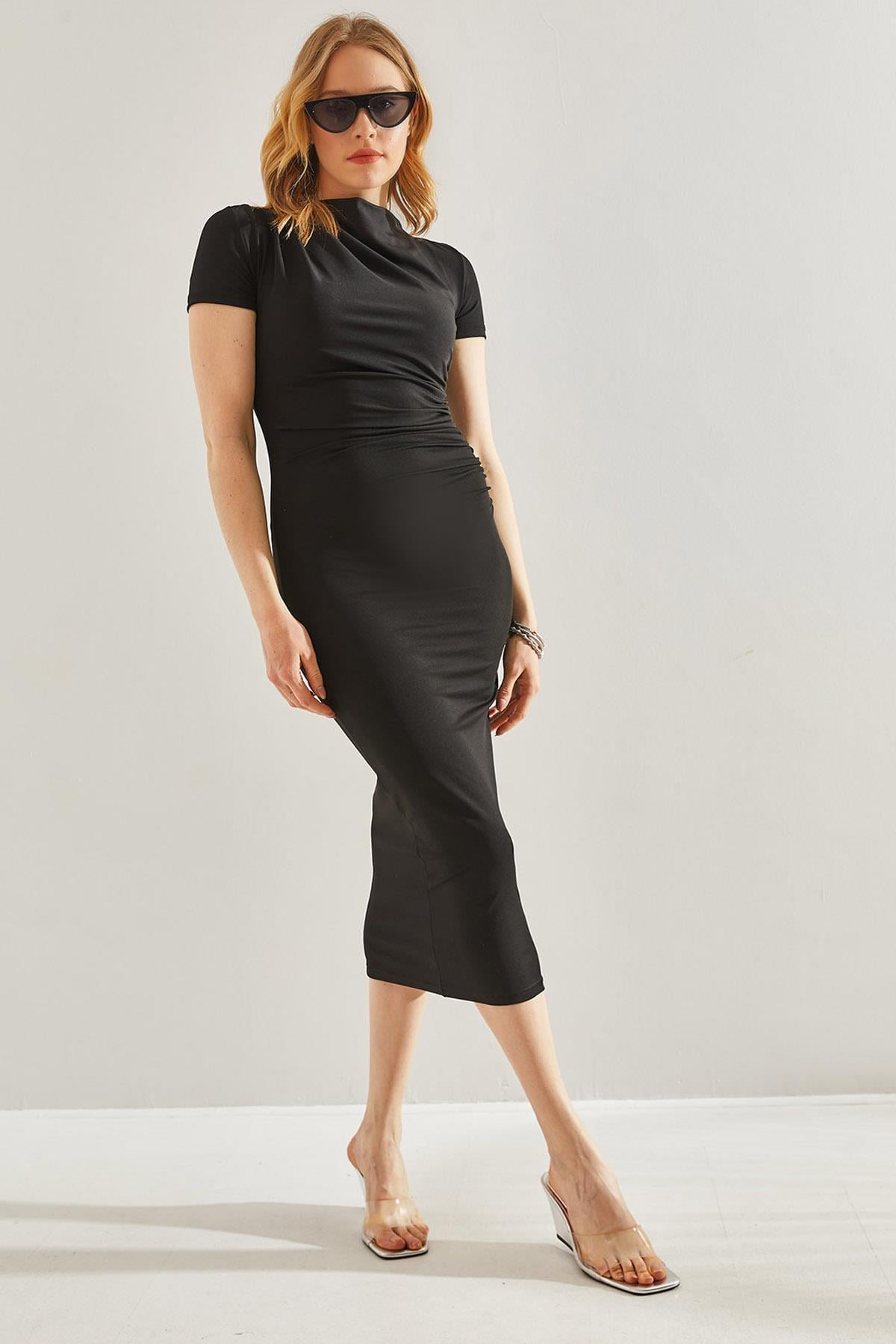 Yanı Drapeli Mikro Kumaş Midi Boy Elbise 60231007 - Siyah ELBİSE modelleri