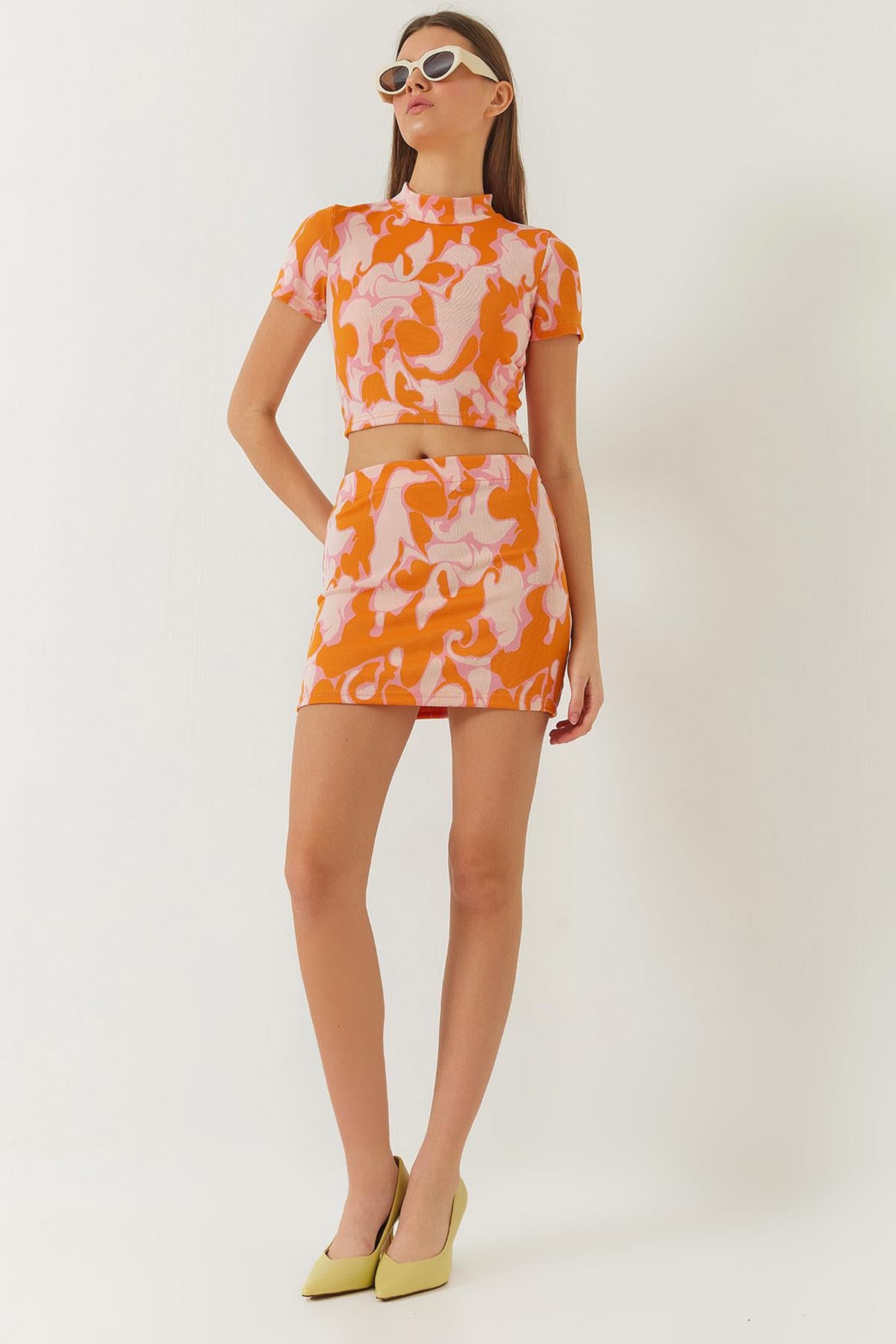 Yarım Balıkçı Kısa Kollu Crop Mini Etekli Alt-Üst Takım 60261373 - Orange-Pudra
