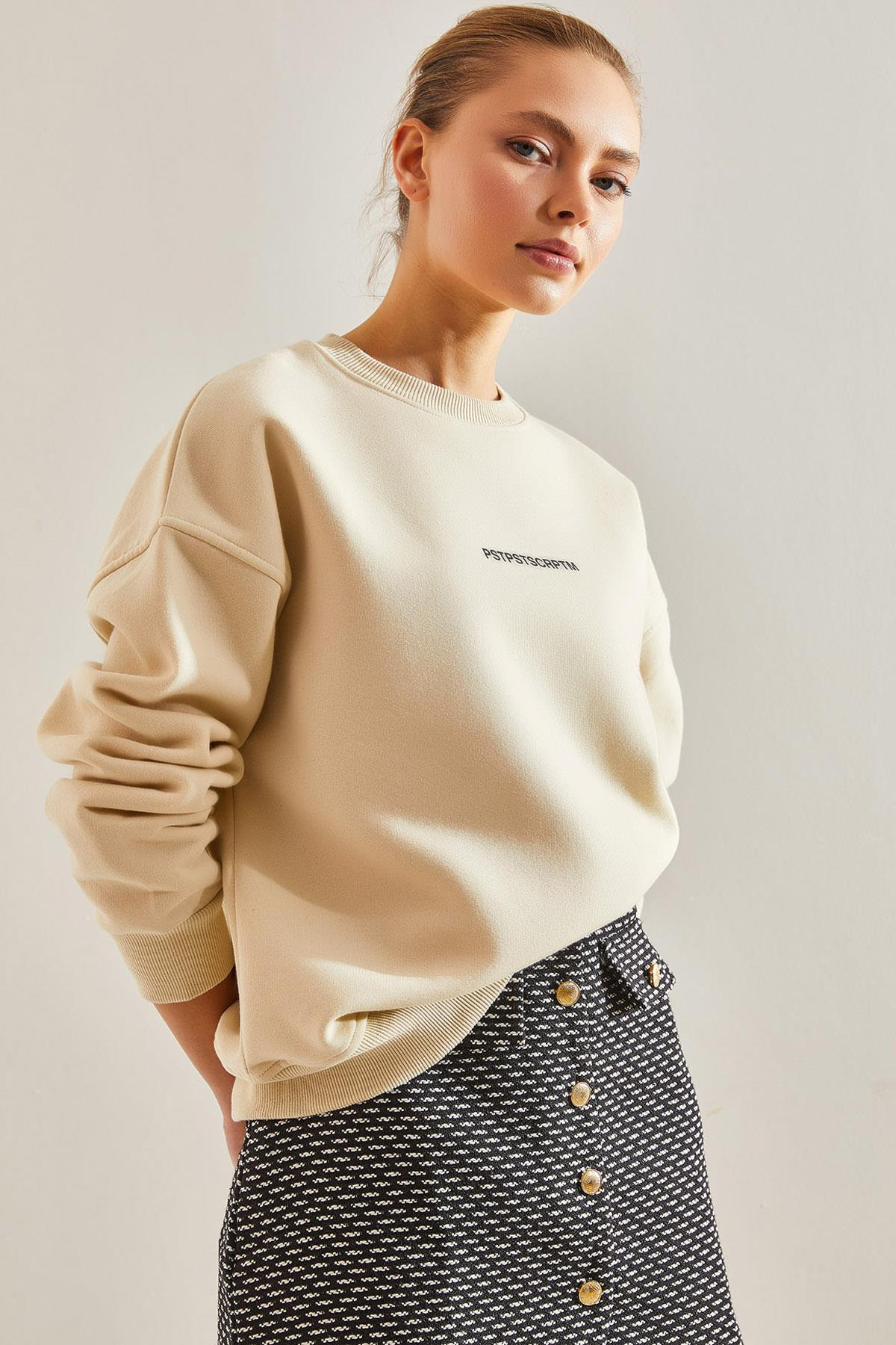 Yazı Baskılı Üç İplik Şardonlu Sweatshirt - Bej SWEATSHİRT modelleri