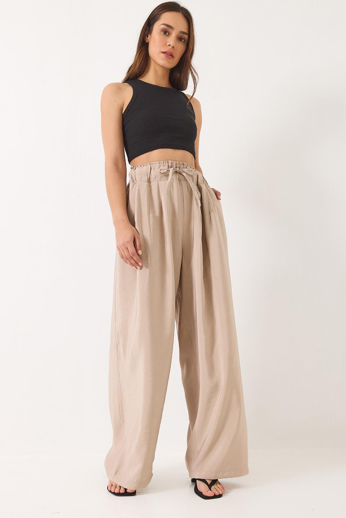 Yüksek Bel Geniş Lastikli Oversize Palazzo Pantolon 80165 60271071 - Taş