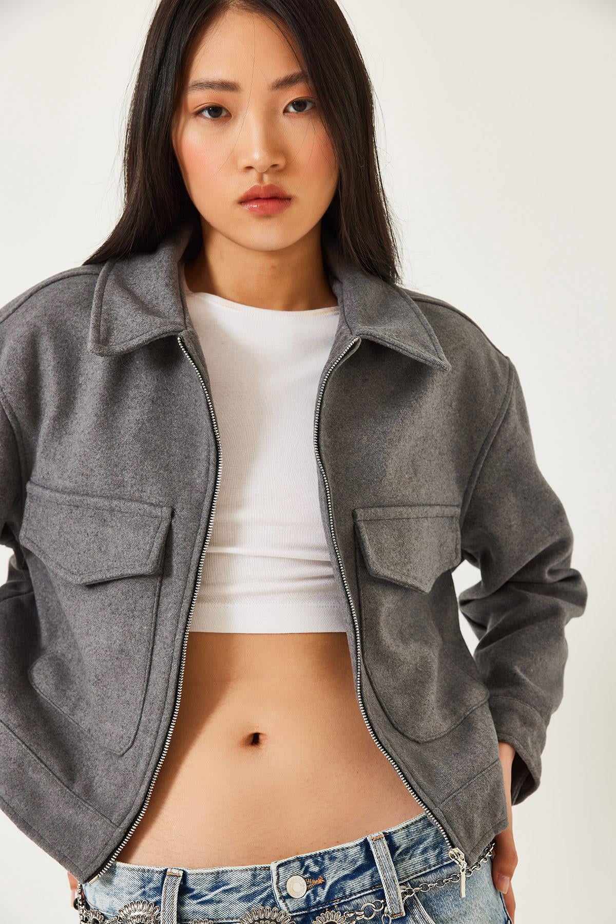 Yumuşak Kaşe Crop Ceket MBMS013 60501013 - Gri