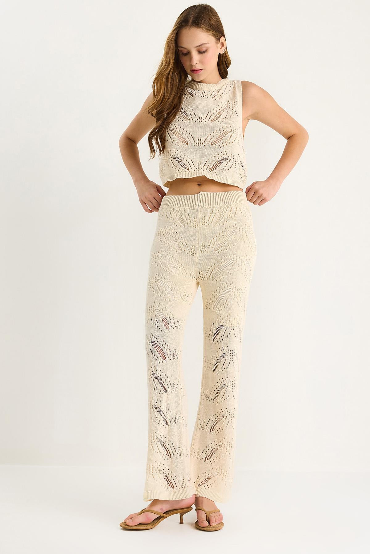 Zigzag Desenli Crop Bluz Yüksel Bel Bol Pantolon Alt-Üst Takım 20258011 - Ekru
