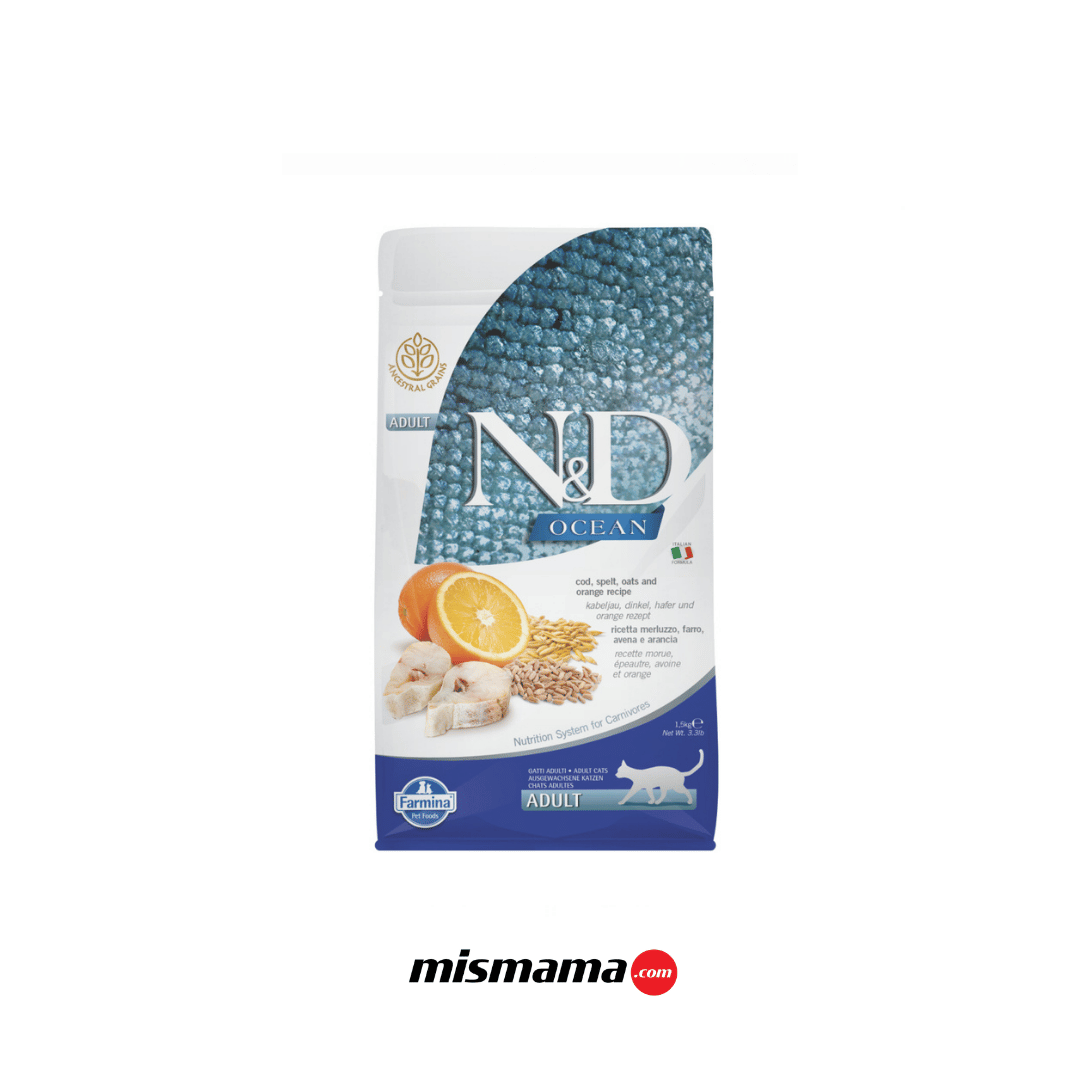 N&D Ocean Morina Balıklı ve Portakallı Ata Tahıllı Yetişkin Kedi Maması 1,5kg