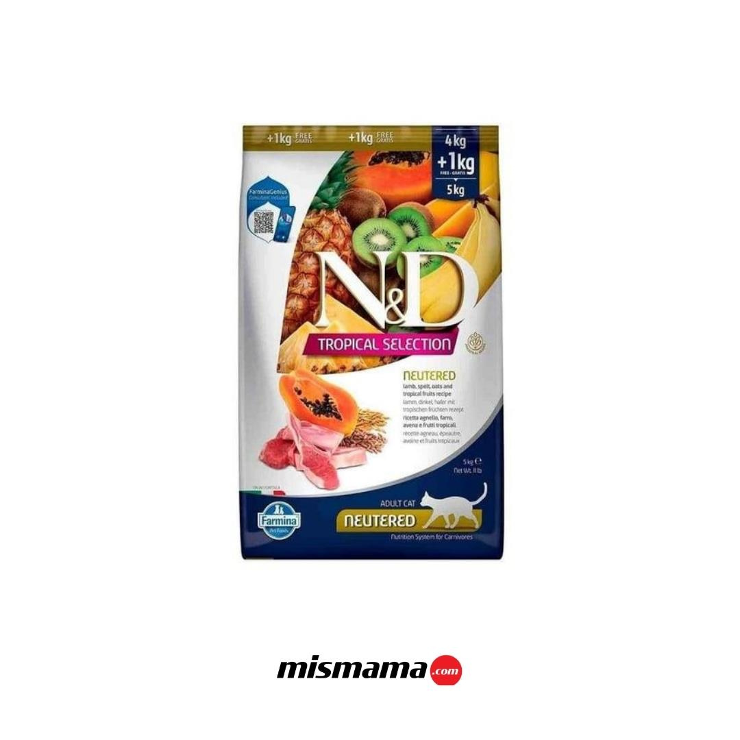 N&D Tropical Selection Kuzu Etli ve Tropikal Meyveli Kısırlaştırılmış Kedi Maması 4kg+1kg HEDİYE!