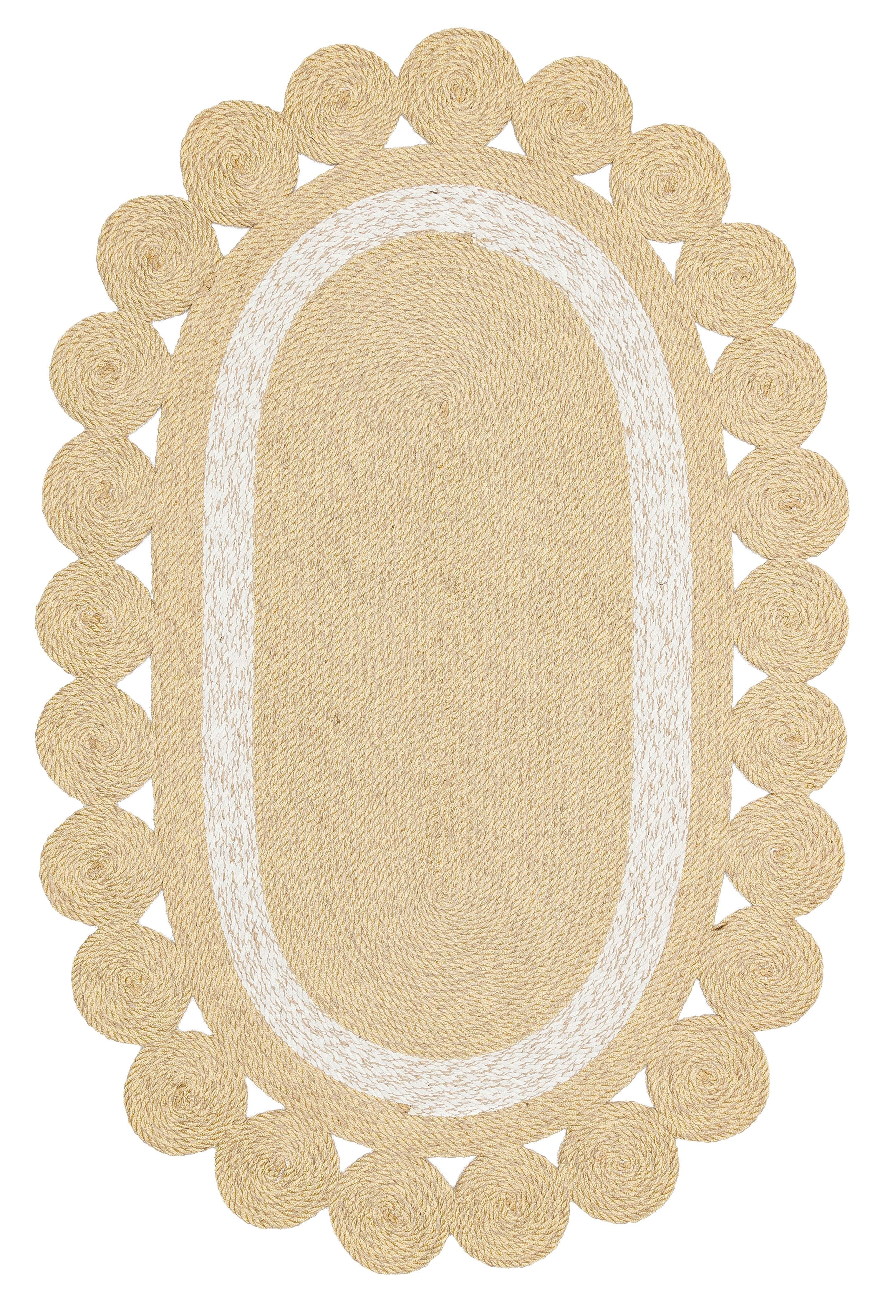 Çift Taraflı Havsız Jüt Görünümlü Fistolu Kenar Patna Serisi Oval Hasır Örgü Halı Natural White
