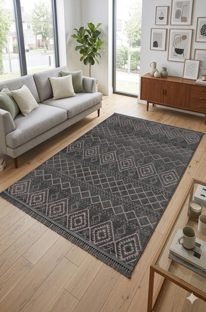 Makinede Yıkanabilir Kaymaz Taban Antialerjik İskandinav Desenli Kilim Serisi Garden Antrasit