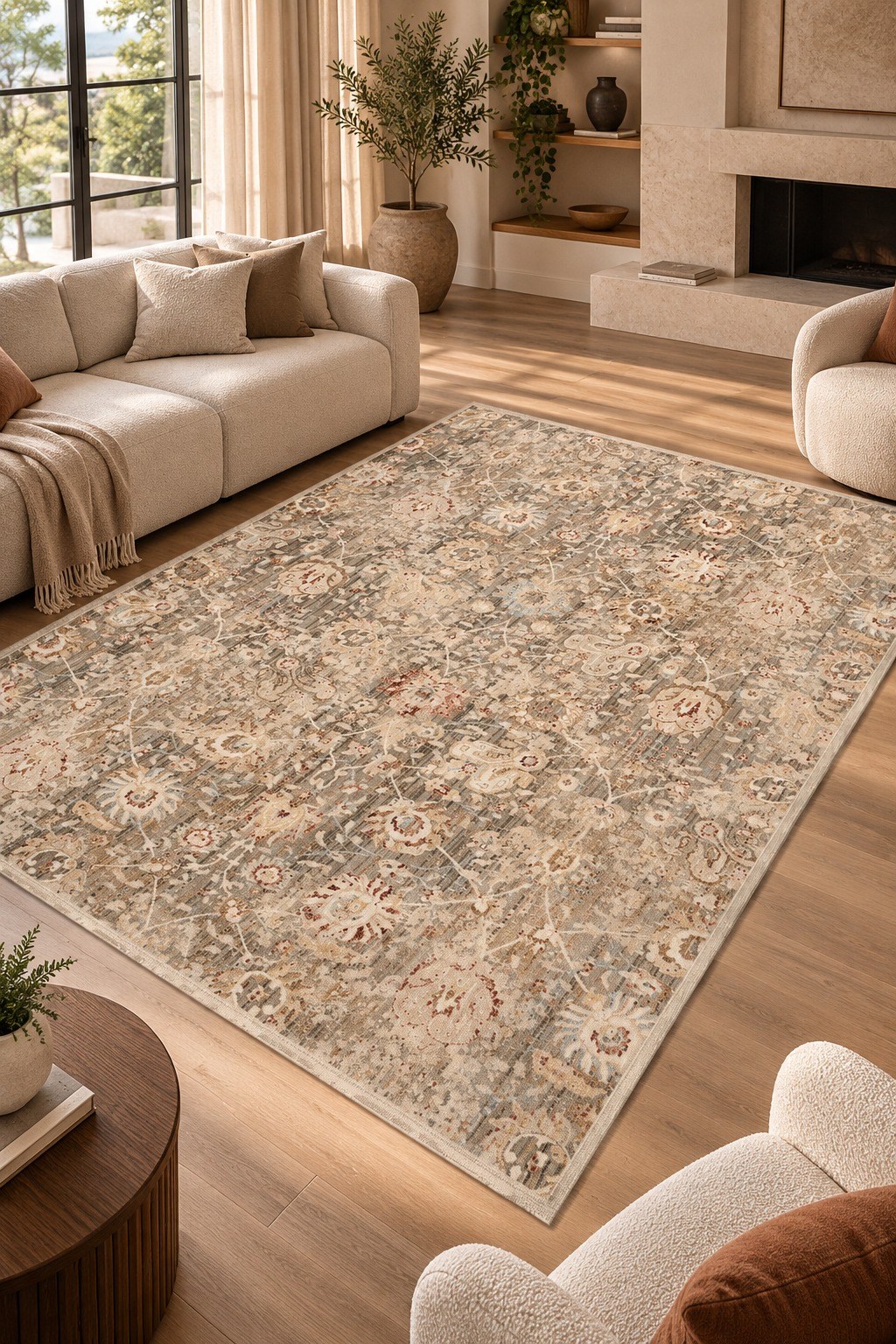 Panama Özel Ölçü Serisi Gri Vizon Floral Desenli Vintage Salon Halısı PN05