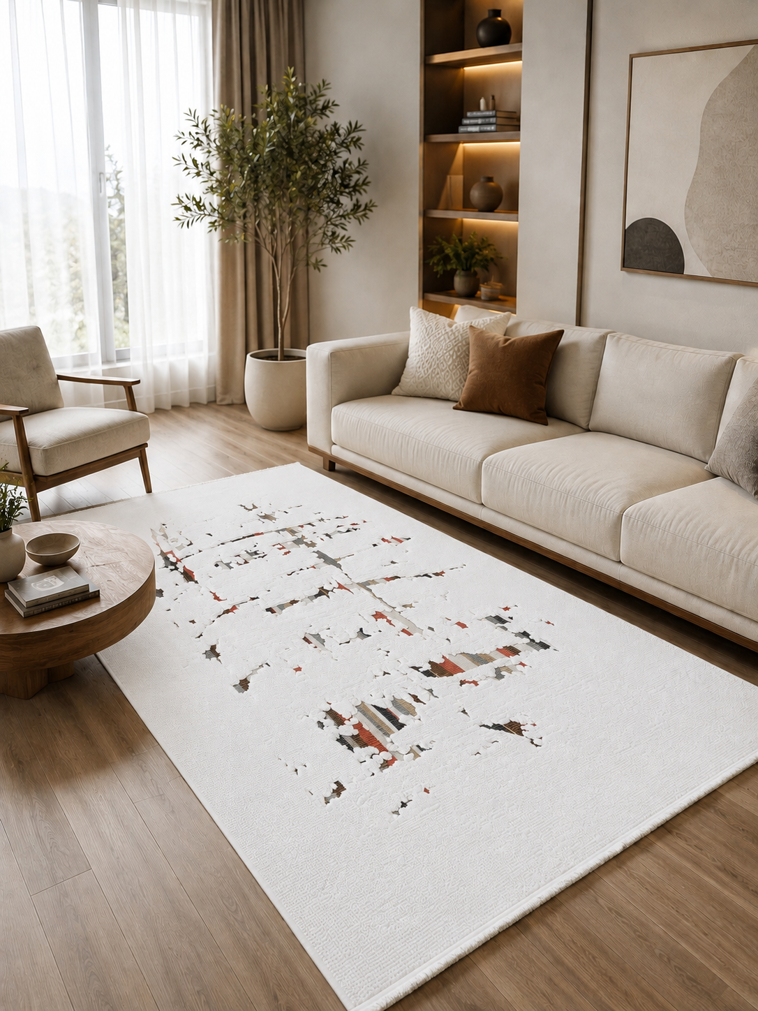 Yumuşak Dokulu Kaymaz Taban Sunset Serisi Krem Soyut Fırça Desenli Kabartmalı Makine Halısı SNS1170