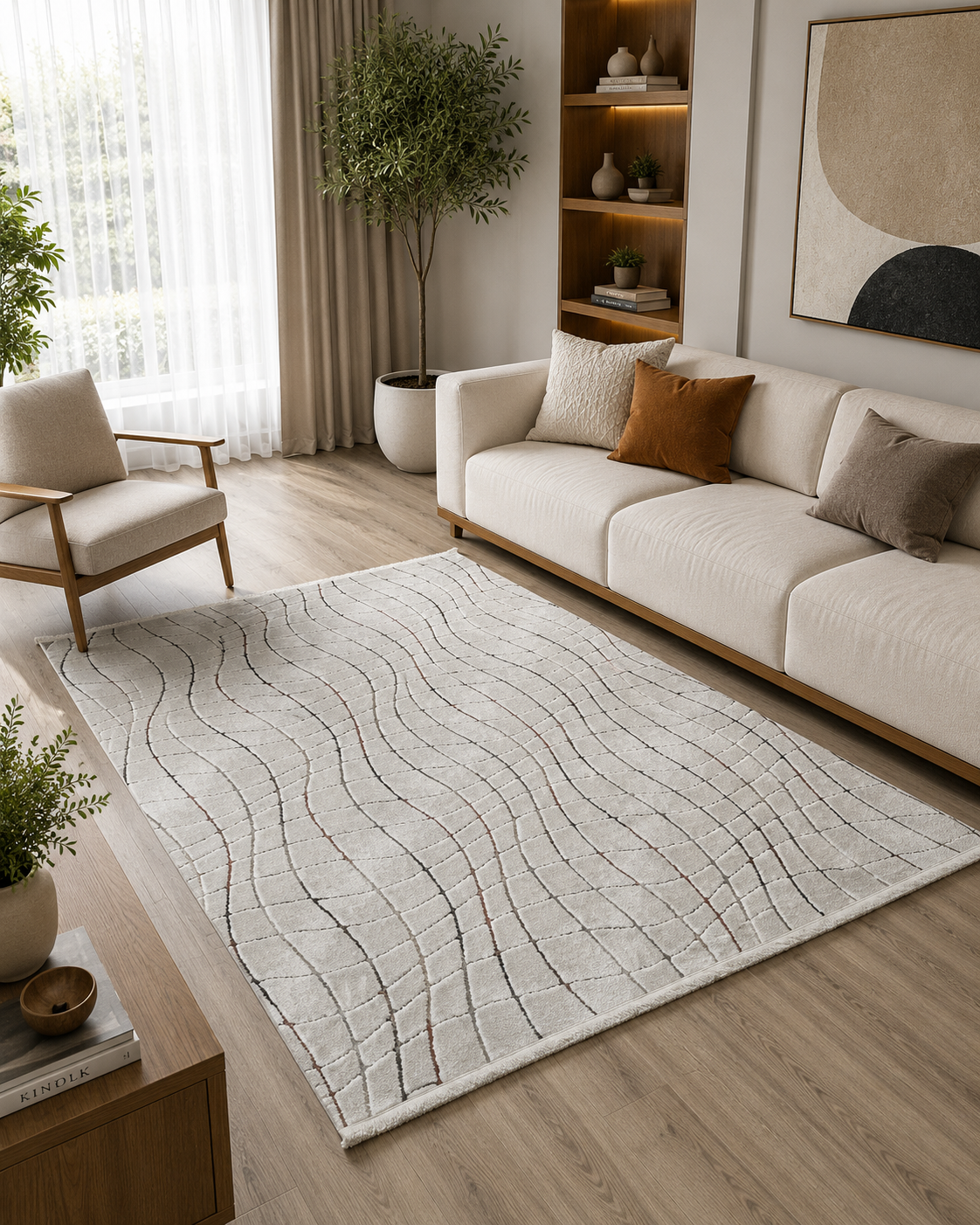Yumuşak Dokulu Kaymaz Taban Sunset Serisi Bej Dalgalı Geometrik Desenli Kabartmalı Makine Halısı SNS1171