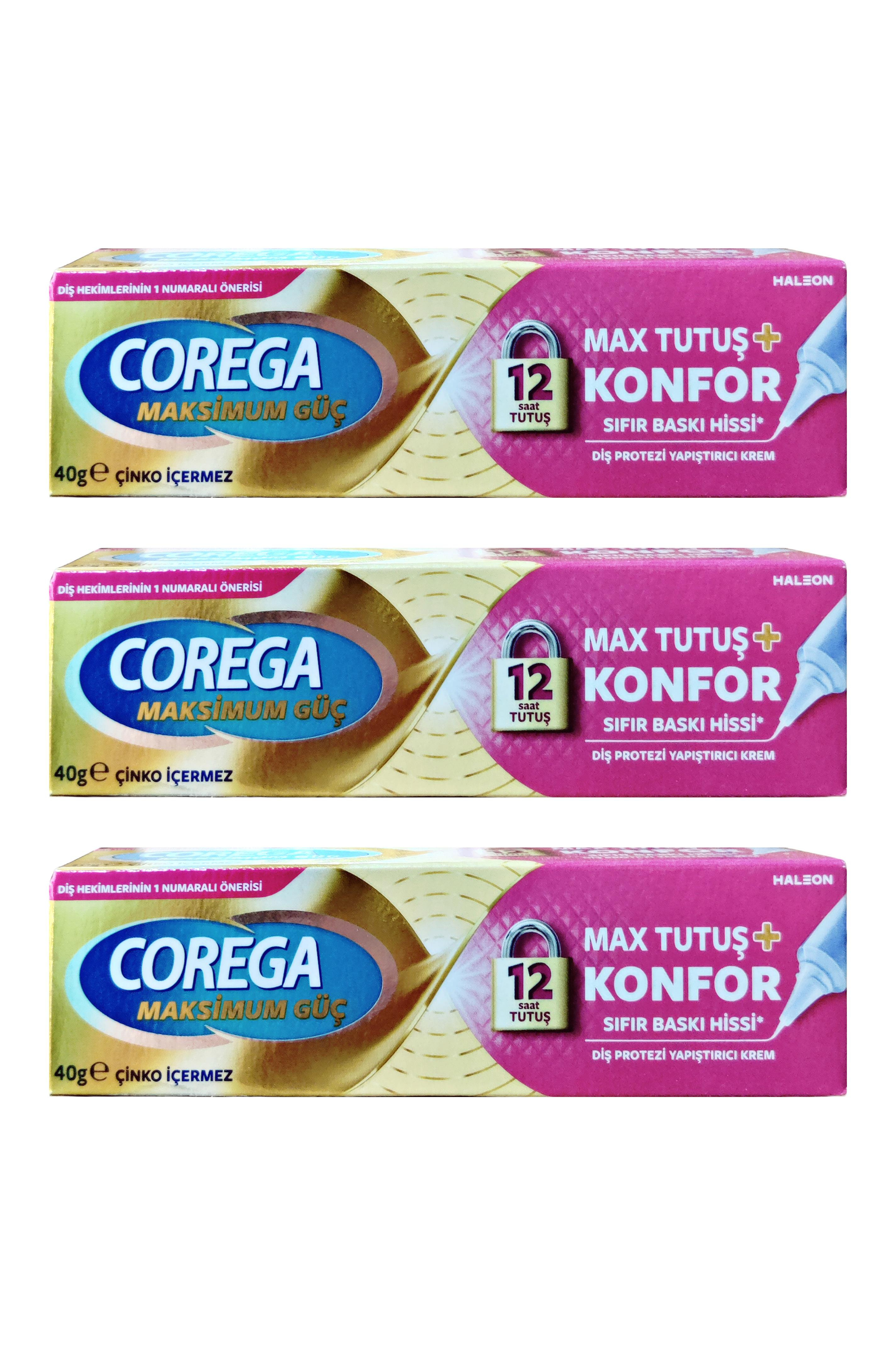 CoregaCorega Maksimum Güç Tutuş + Konfor Diş Protez Yapıştırıcı Krem 40 gr 3'lüCorega Diş Protez Yapıştırıcı Krem Yastık Konforu 40 gr Fiyatı ve Özellikleri | Mutlufiyatlar