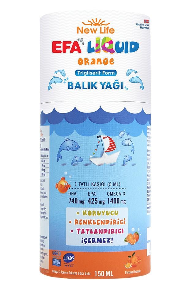 New Life New Life Efa Liquid Orange Balık Yağı 150 ml - 1400mg Omega 3 - 740mg DHA - 425mg EPANew Life Efa Liquid Orange | Portakal Aromalı Omega 3 Takviyesi