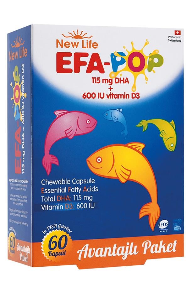 New Life New Life Efa Pop 60 Çiğnenebilir Balık Yağı Kapsülü - 138 mg Omega3 - 115 mg DHA - 600 IU D3 VitaminiNew Life Efa Pop 60 Kapsül | Çocuklar İçin Çiğnenebilir Omega 3