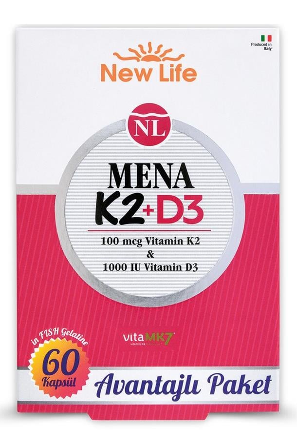 New Life New Life Mena  D3 K2 60 Kapsül - 100mcg K2 Vitamini + 1000IU D3 VitaminiNew Life Mena D3 K2 60 Kapsül | Güçlü D Vitamini Takviyesi