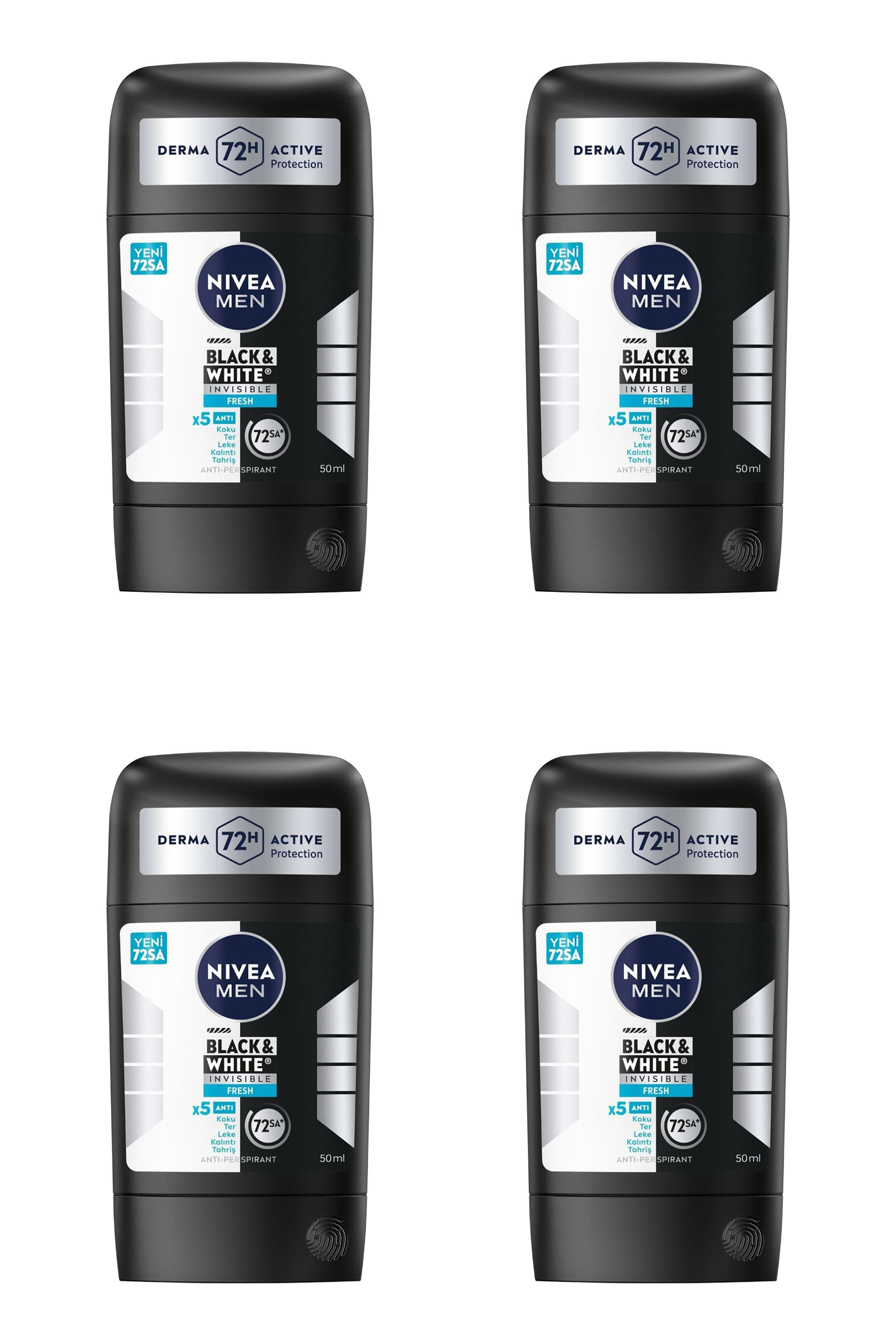 NiveaNive Men Black White Invisible Fresh Erkekler İçin Stick Deodorant 50 ml 4'lüNivea Men Black&White Fresh Stick 50 ml | Ferahlatıcı Koruma