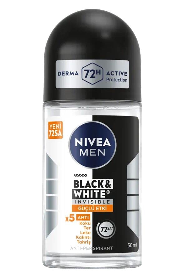 NiveaNive Men Black White Invisible Güçlü Etki Erkekler İçin Roll on 50 mlNivea Men Black&White Invisible Roll-on 50 ml | Leke Bırakmayan Koruma