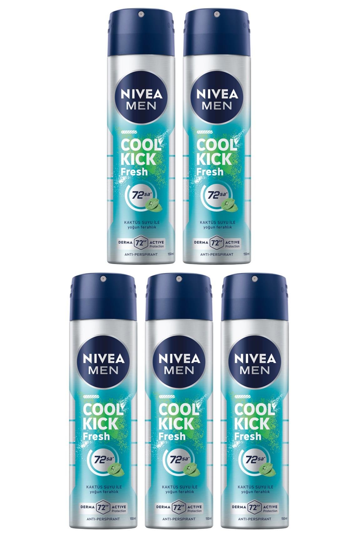 NiveaNivea Men Cool Kick Fresh Erkekler İçin Deodorant 150 ml 5'liNivea Men Cool Kick Sprey 150 ml | Kaktüs Suyu ile Ferahlık