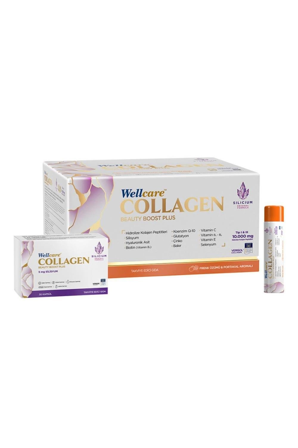 WellcareWellcare Collagen Beauty Plus 10000 mg Frenk Üzümü & Portakal 30x40 ml + 30 Adet 5 mg Silisyum KapsülWellcare Collagen Beauty Boost | Cilt, Saç ve Tırnak Desteği