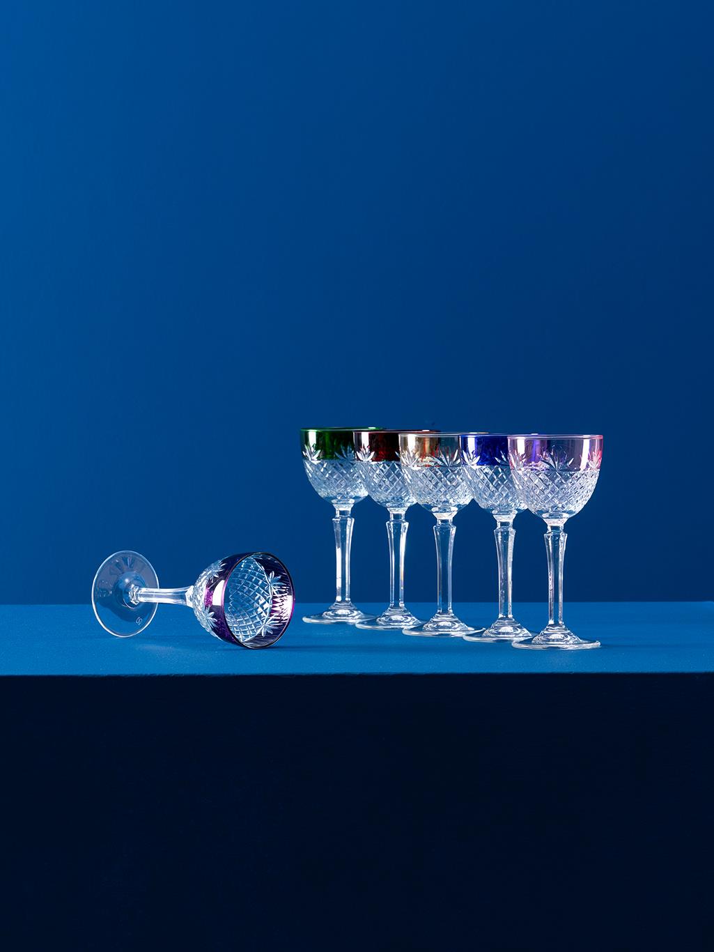 Renkli Bantlı Kristal Couple Kadeh Seti 6'lı – Şampanya Kadehi Renkli Bantlı Kristal Şampanya Kadehi Seti – 6'lı Coupe Yıldız Kesim