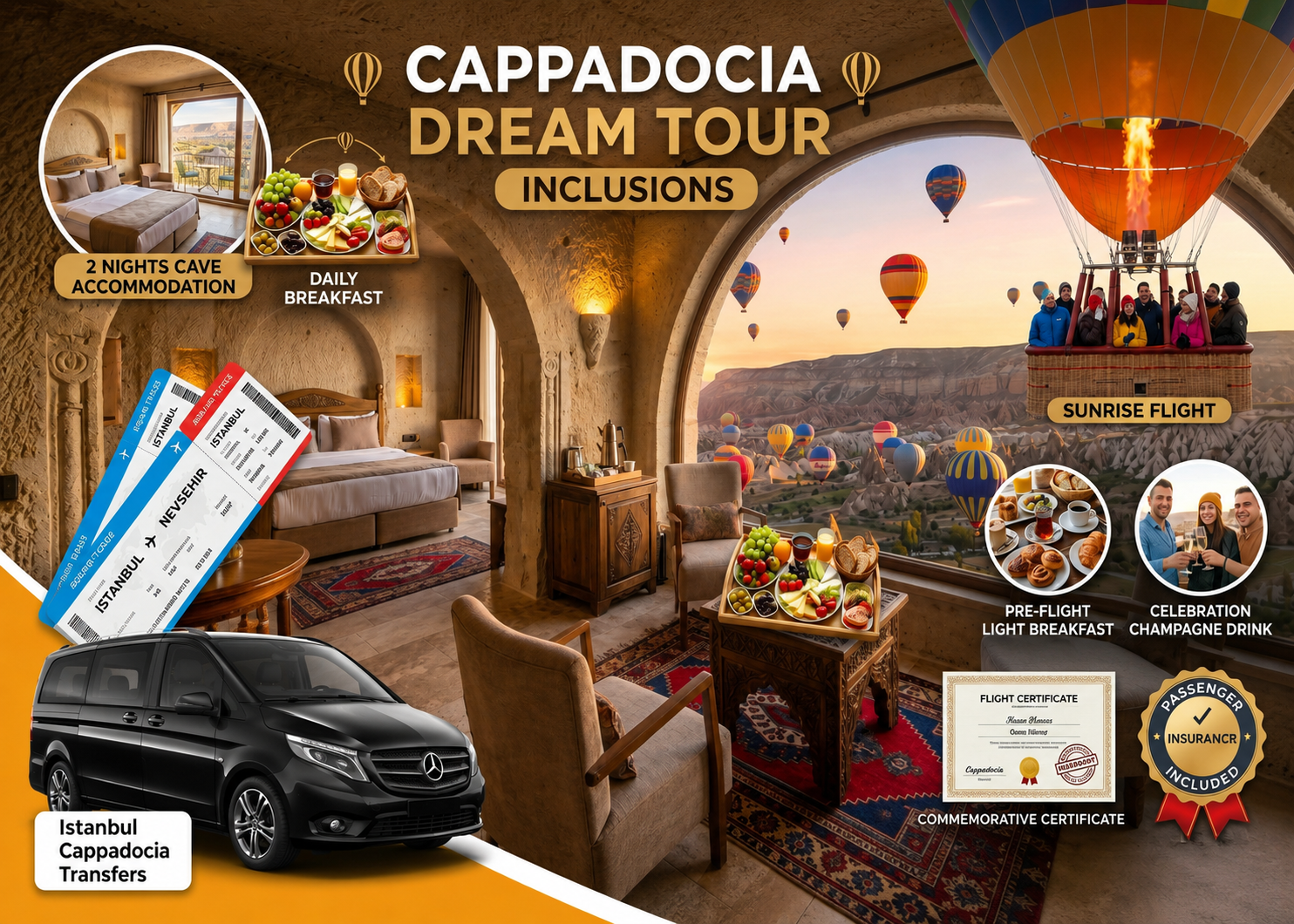 2 Nights Cappadocia Hot Air Balloon Ride Package from Istanbul with Round Trip Airline Tickets & Transfers