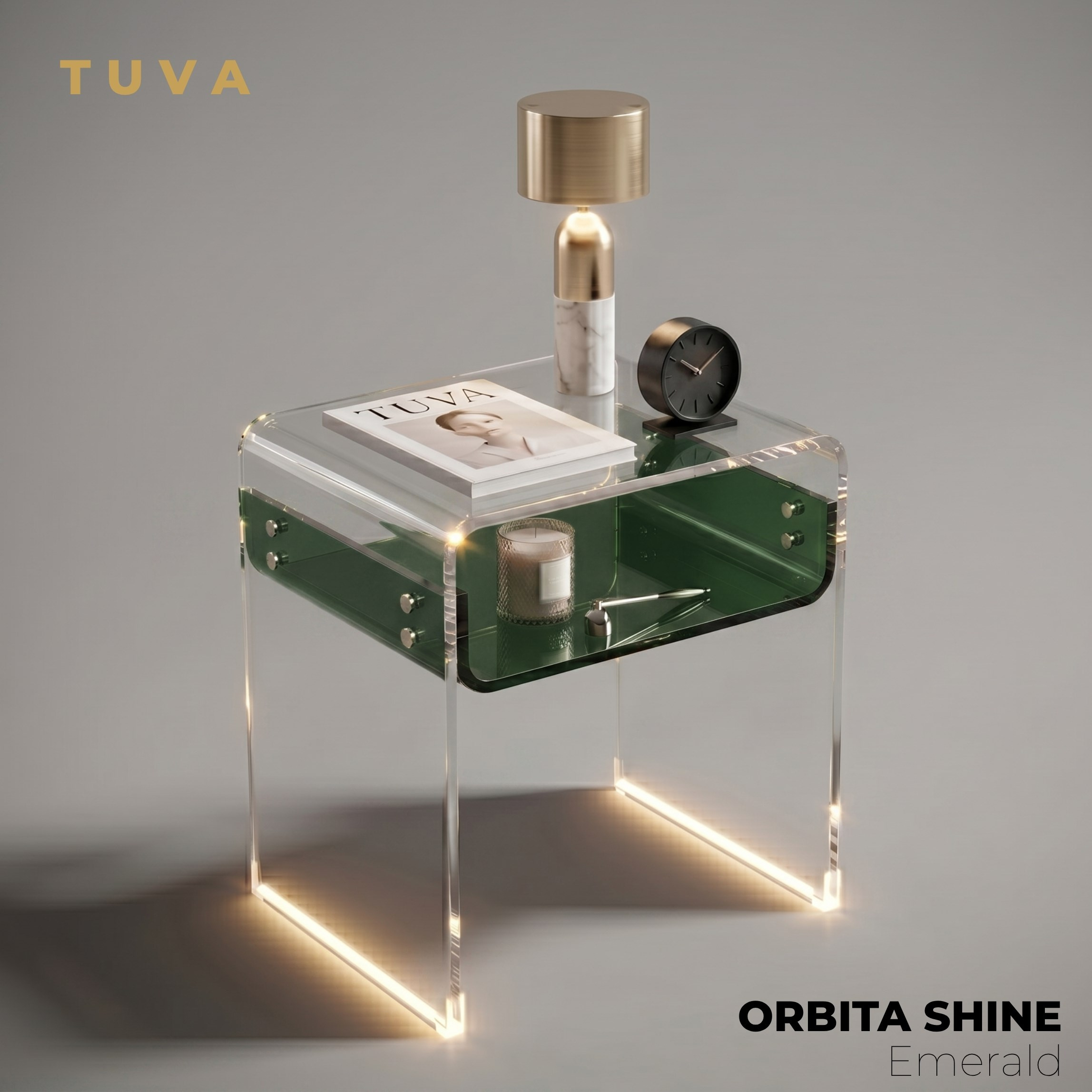 ORBITA SHINE | Led Ayaklı Büküm Raflı Pleksi Yan Sehpa Komodin | TUVA - Orbit Collection