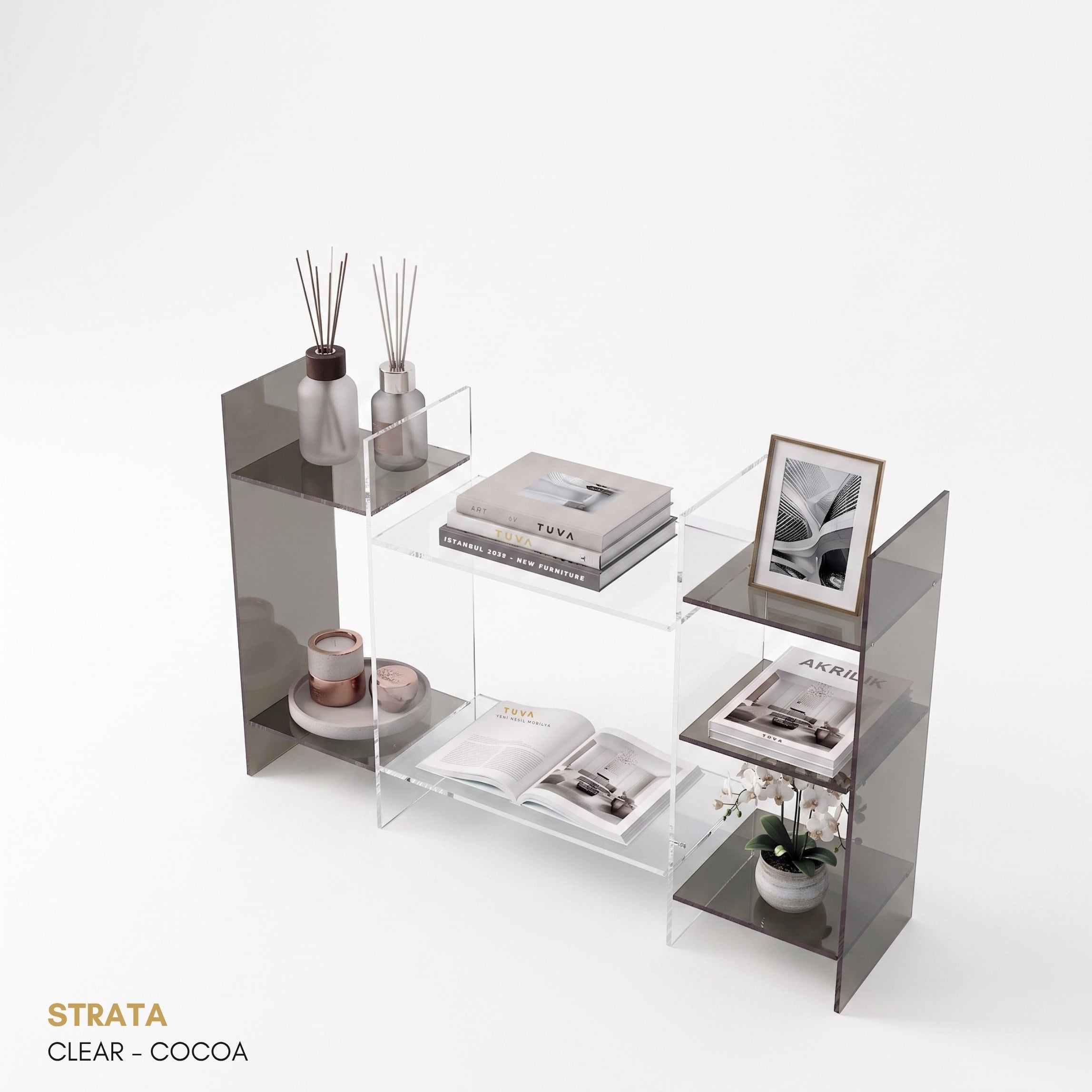 STRATA | Akrilik Raf Ünitesi & Konsol | Şeffaf Pleksi Konsol & Kitaplık