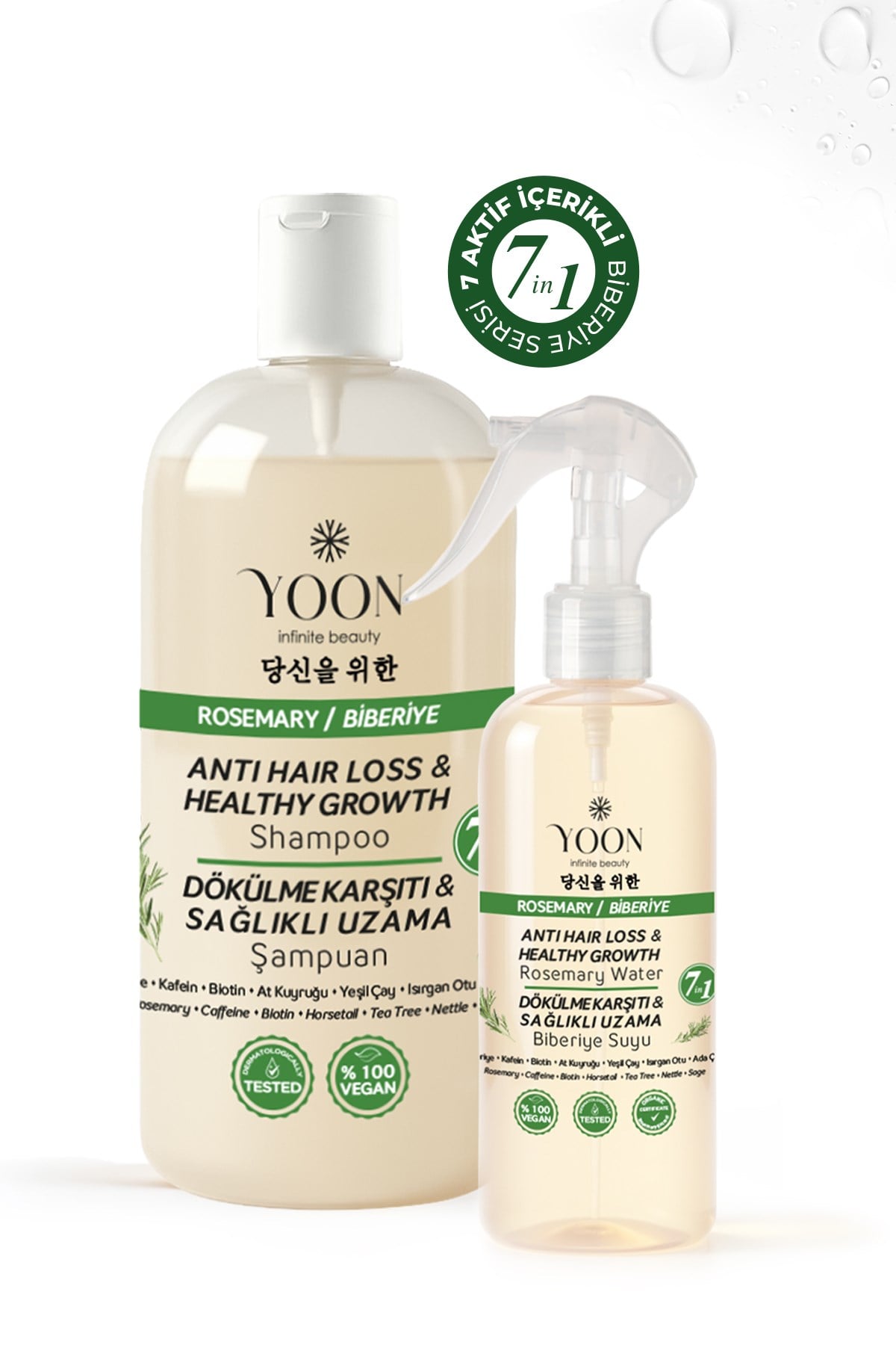 2'li Set Saç Dökülme Karşıtı, Hızlı Uzama, 7 Aktifli Biberiyeli Saç Bakım Suyu 200ml & Şampuan 400ml