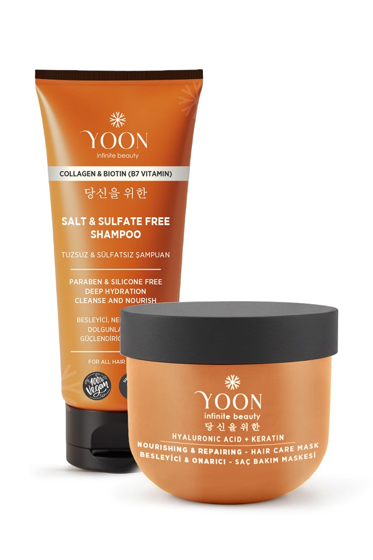 Vegan Tuzsuz Şampuan & Saç Bakım Maskesi 250ml, Hyaluronik Asit, Keratin, Kolajen ve Biotin 2'li Set